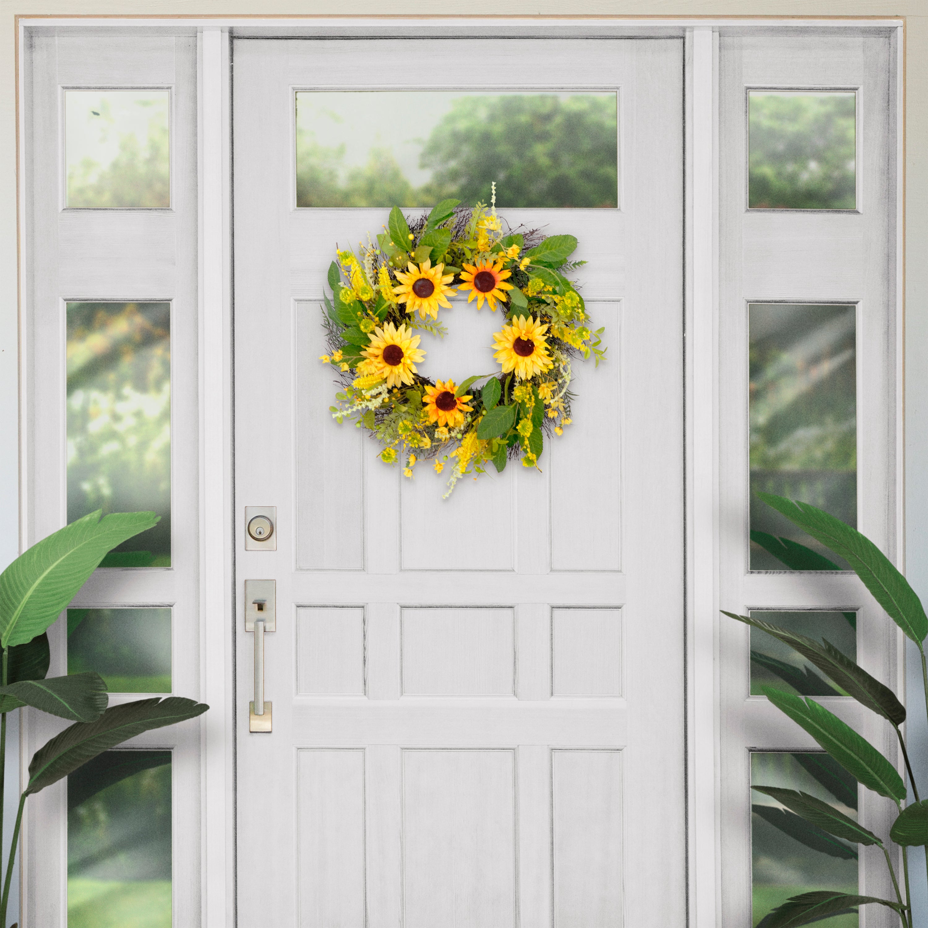 24" Artificial Green and Yellow Sunflower Floral Spring Door Wreath