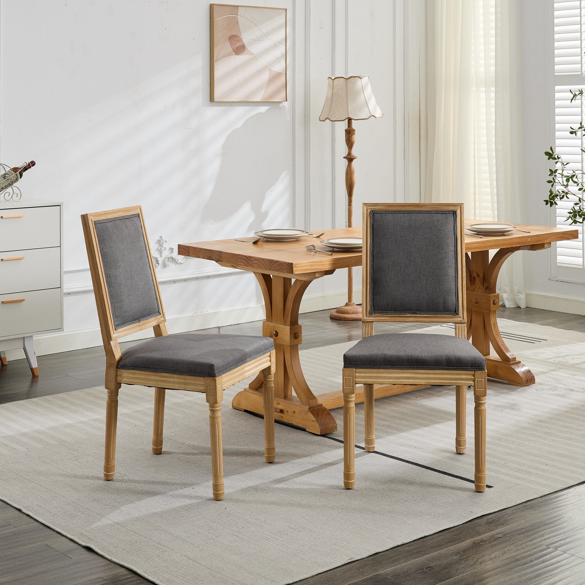 Louis French Country Dining Chairs with Square Upholstered Backrest, Set of 2