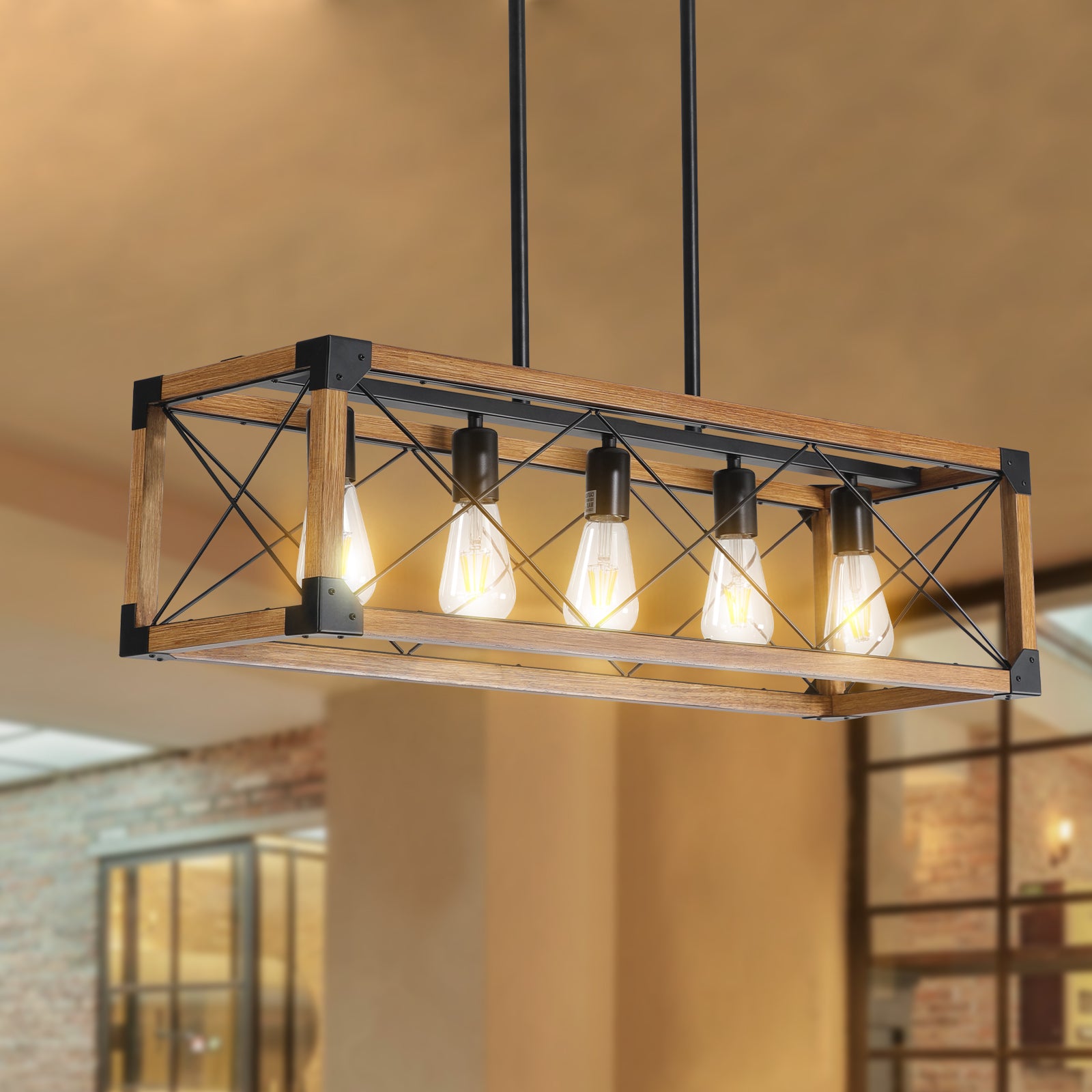 32" Rectangle Pendant Light with 5 Lights and Adjustable Height Boom