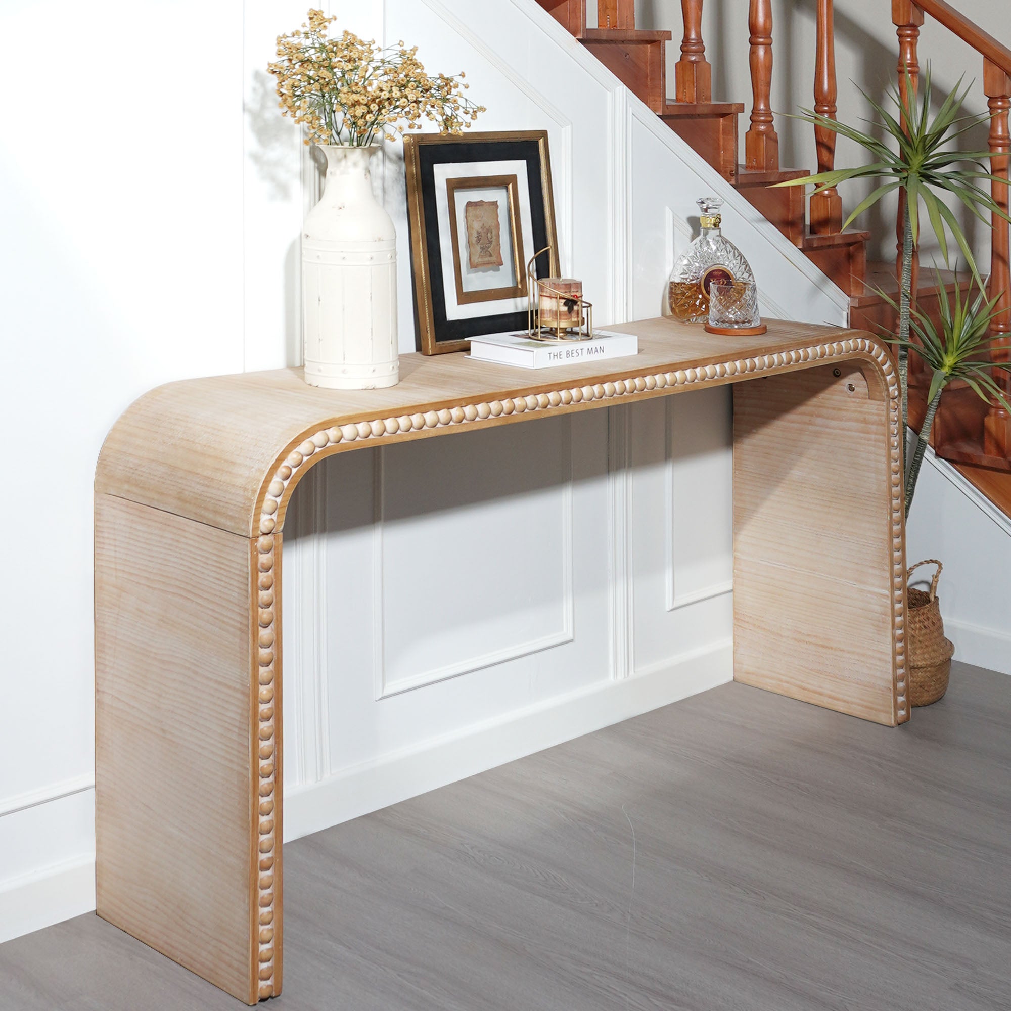 Curved Waterfall-Style Wood Beaded Console Table