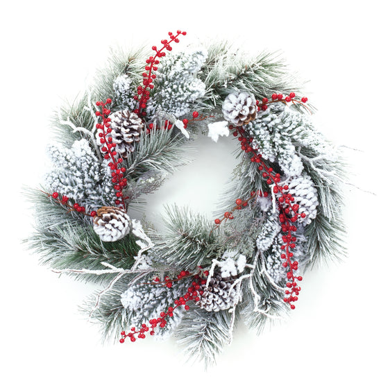 Snowy Pine Berry Wreath 23" - White