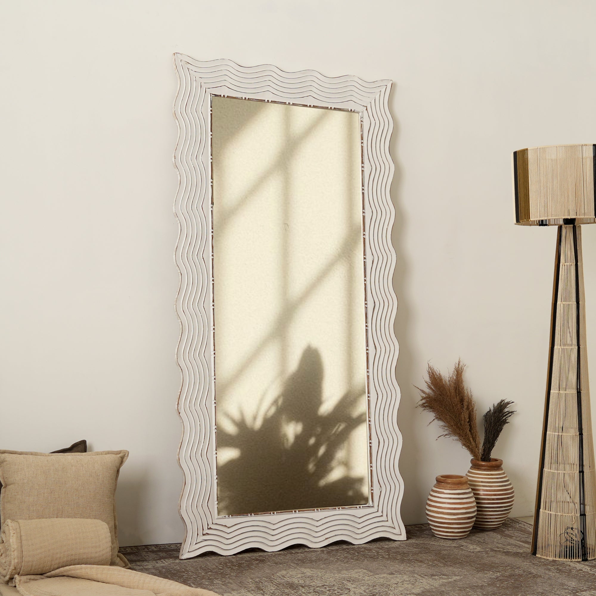 Rustic White Solid Wood Handcarved Wave Design Rectangle Mirror Accent-36" x 72"