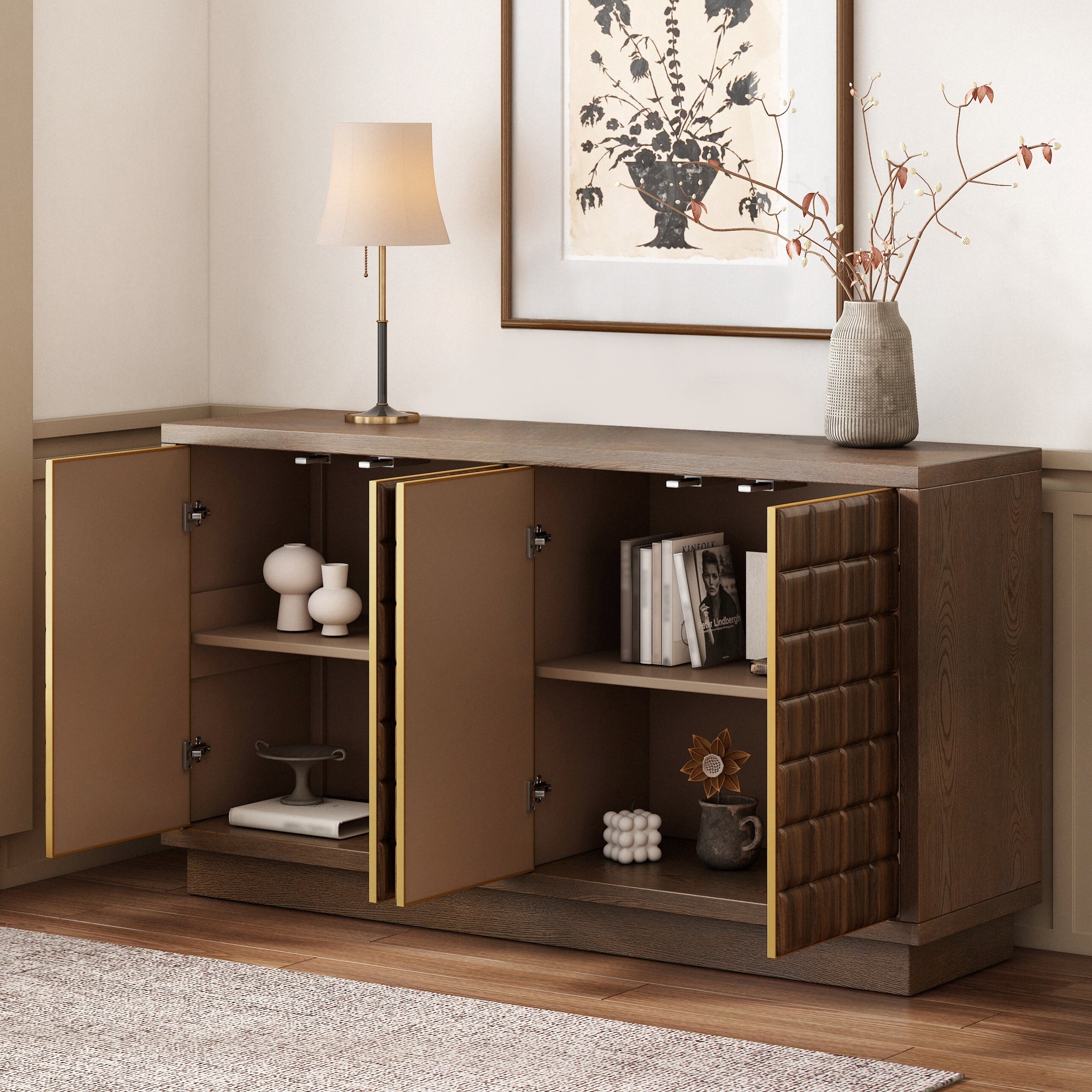 Modern 4-Door Storage Cabinet with 3D Geometric Doors & Metal Trim