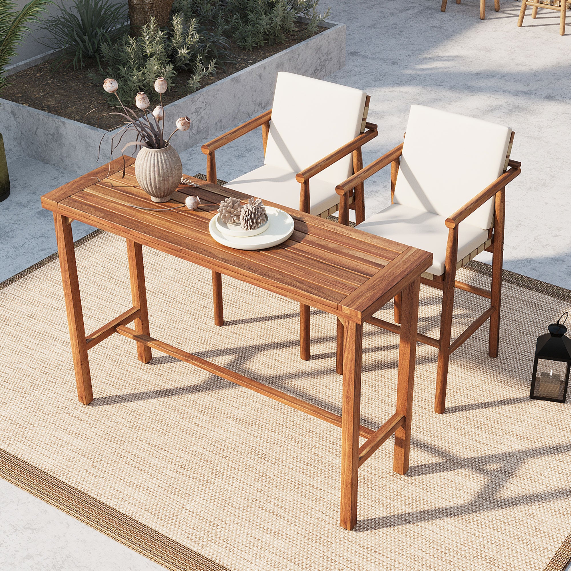 3 Piece Outdoor Bar Set with Acacia Wood Bar Height Table & 2 Stools with Cushions