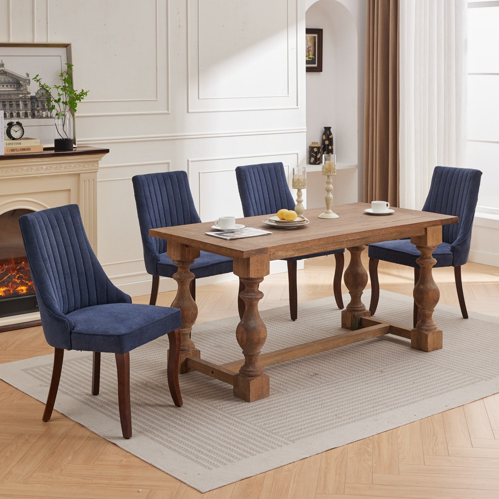 Rayon Cloth Flocking Linen Dining Chairs Channel Kitchen Dinner Chair Comfy Fabric Upholstered Accent Chair for Dining Room with Curved Solid Wood Legs,Set of 2 (Blue), SW1847BL