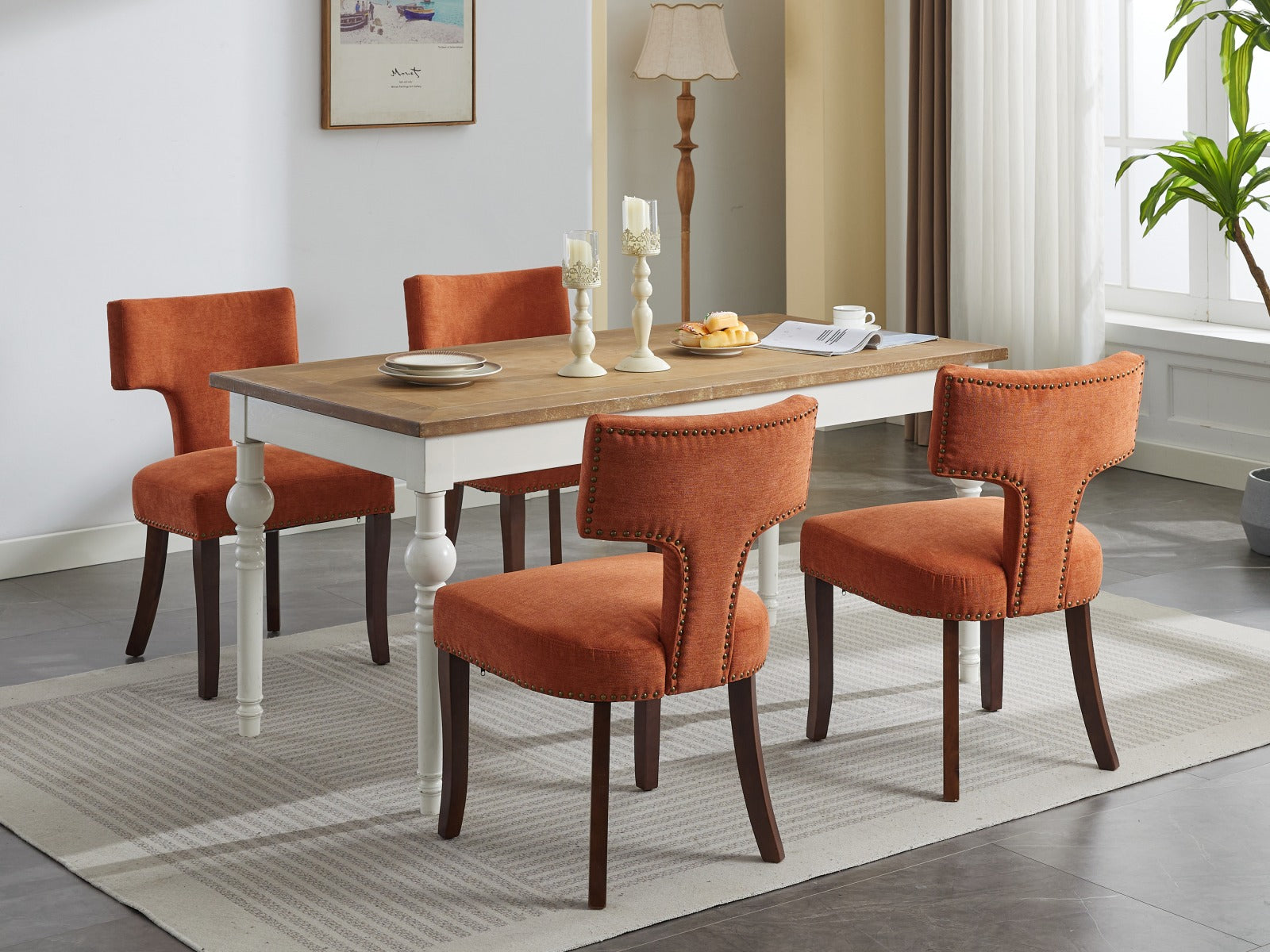 Mid Century Modern Dining Chairs Set of 2, Farmhouse Linen Fabric Upholstered Accent Chair Curved Backrest with Copper Nails around,Kitchen Chairs with Hardwood Frame, Orange