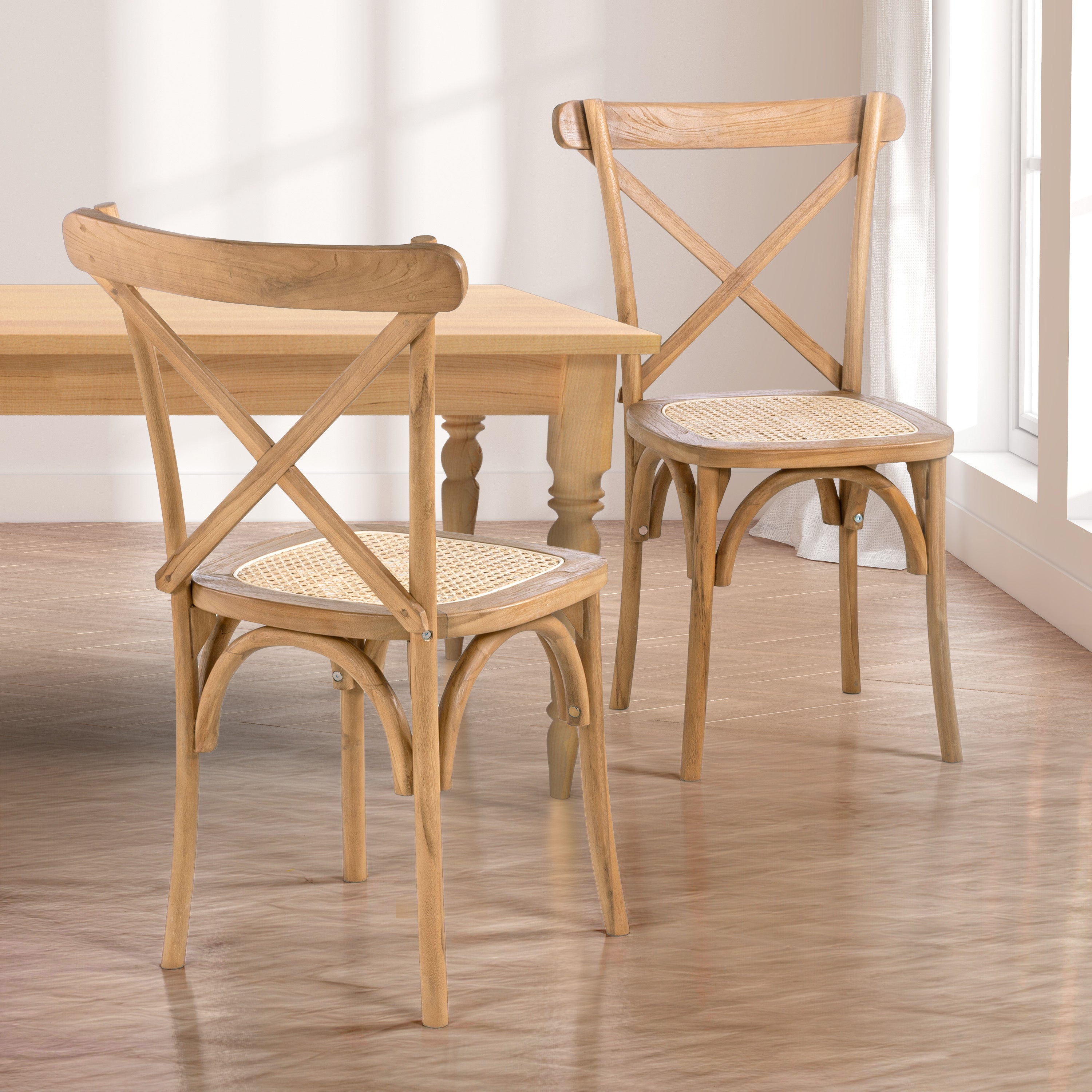 Cassis X-Back Wood Rattan Dining Chair, Set of 2