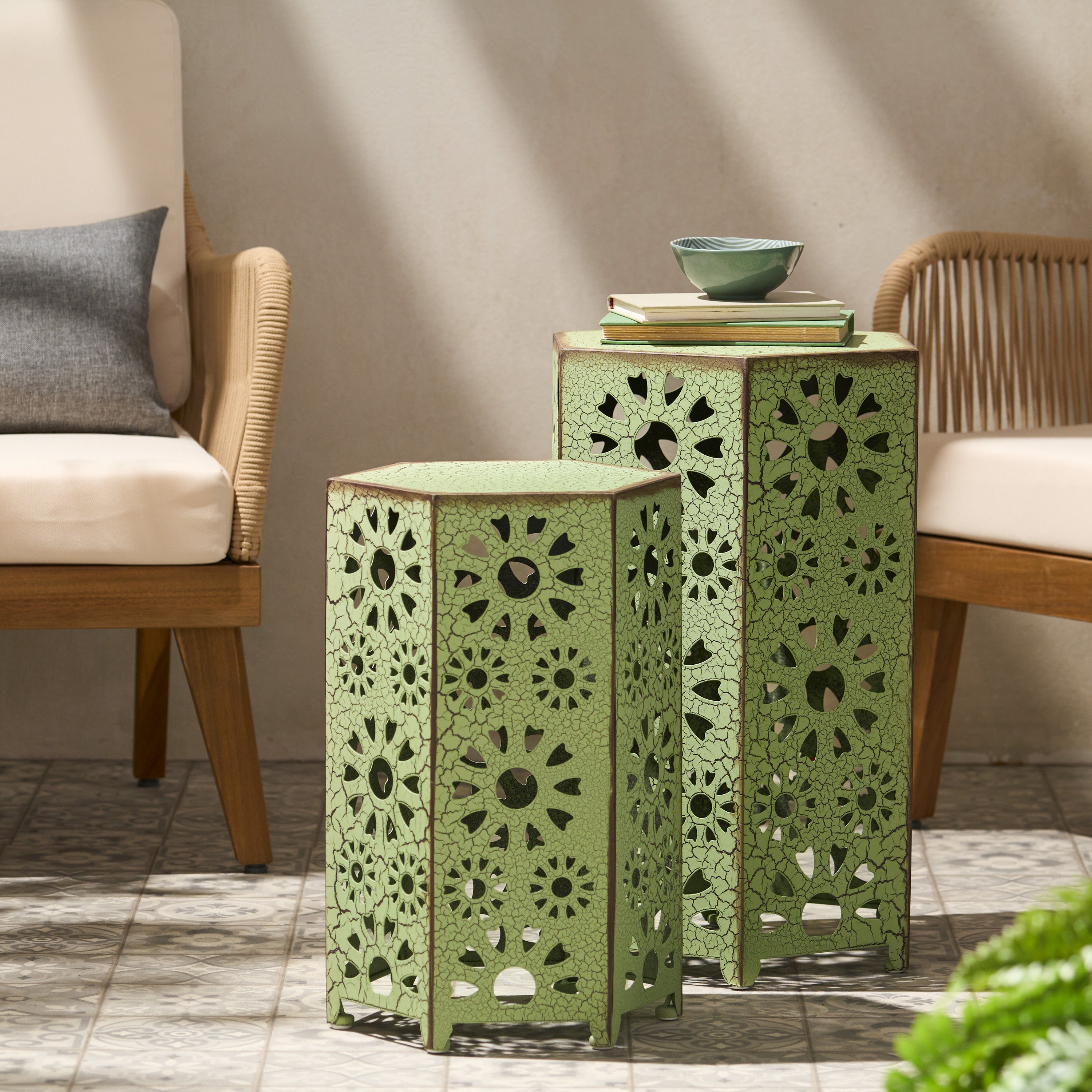 Eliana Iron Outdoor Side Table Set with Sunburst Cut Out