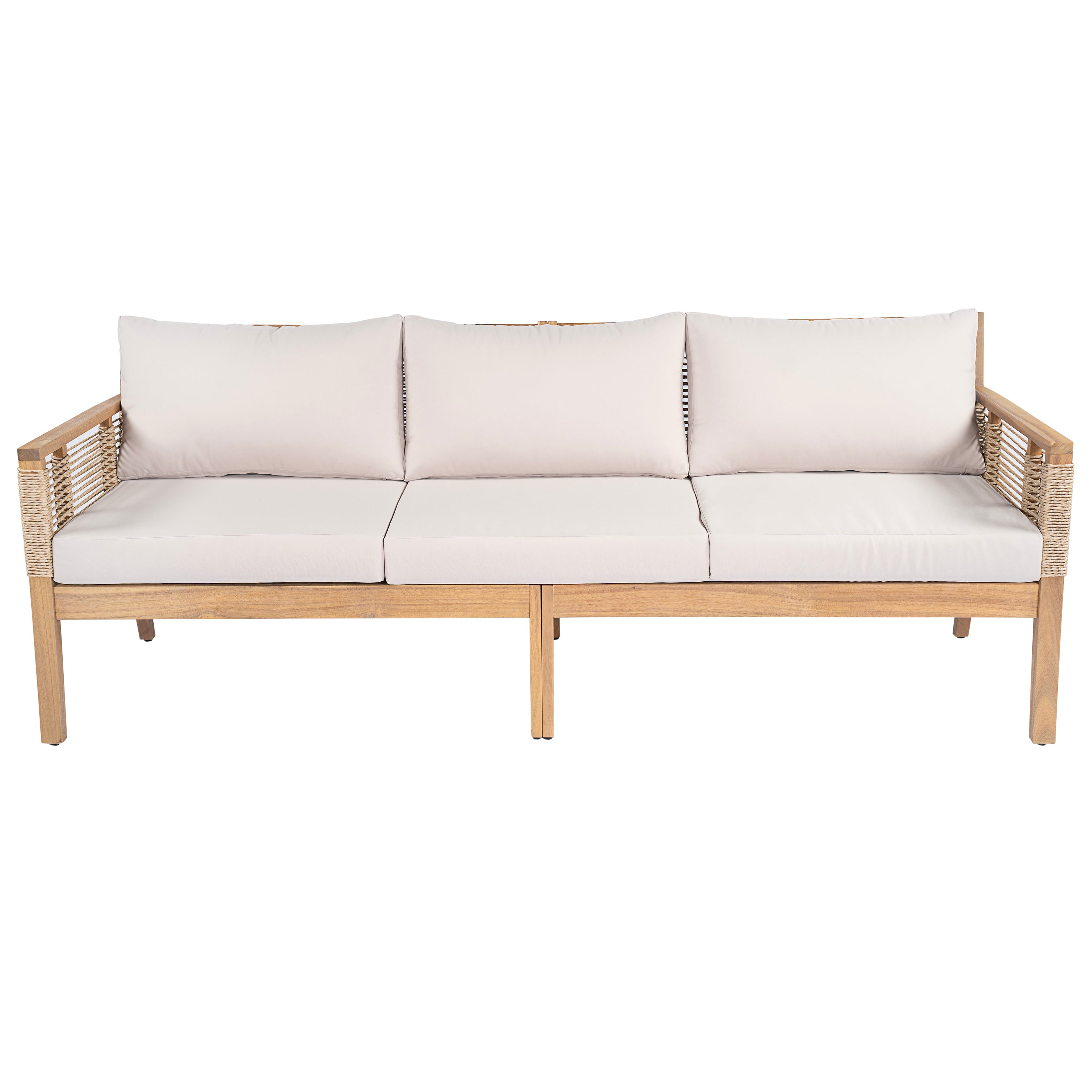 Kirana Outdoor Acacia Wood Hand Woven Rope 3-Seater Sofa with Cushions and Pillows