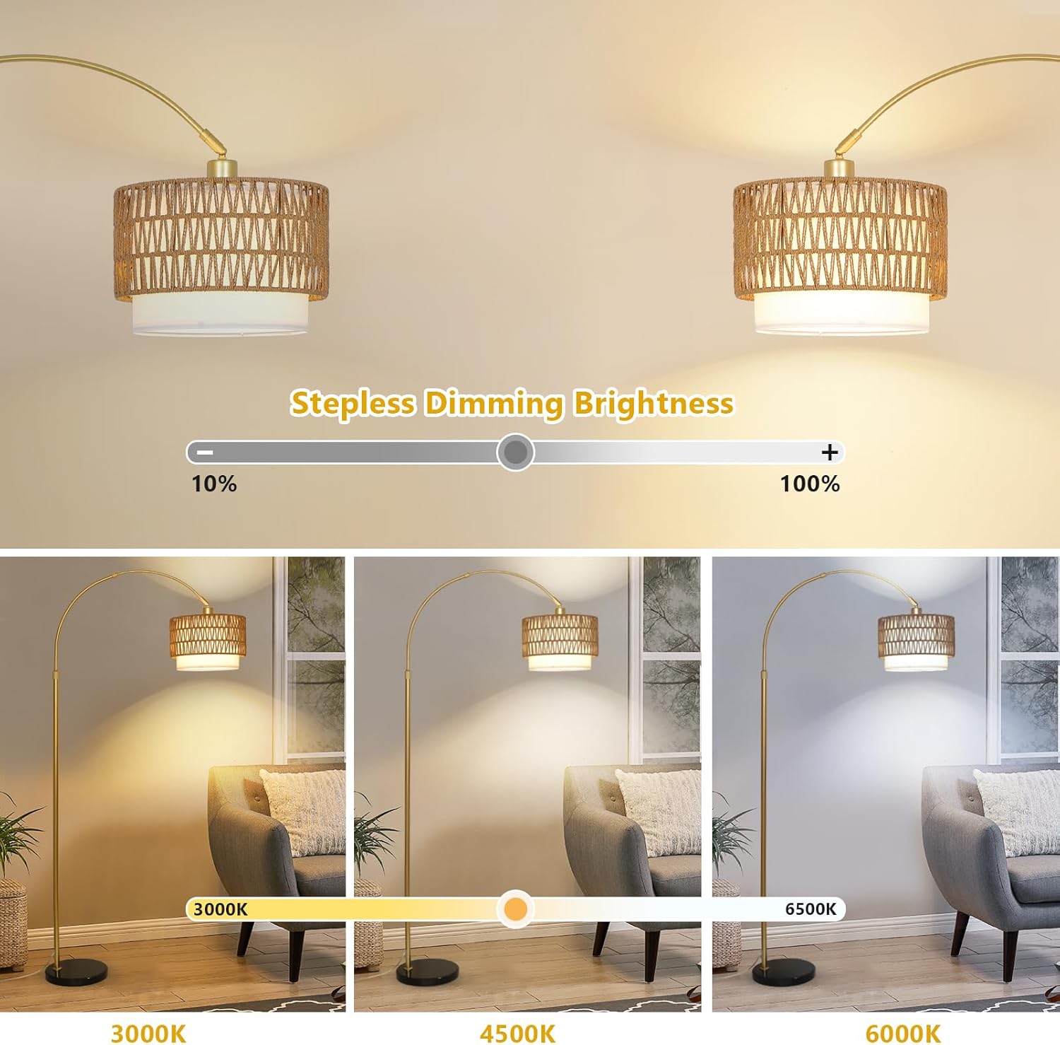 Adjustable Height Arched Floor Lamp with Double Drum Shade and 3 Color Temperatures