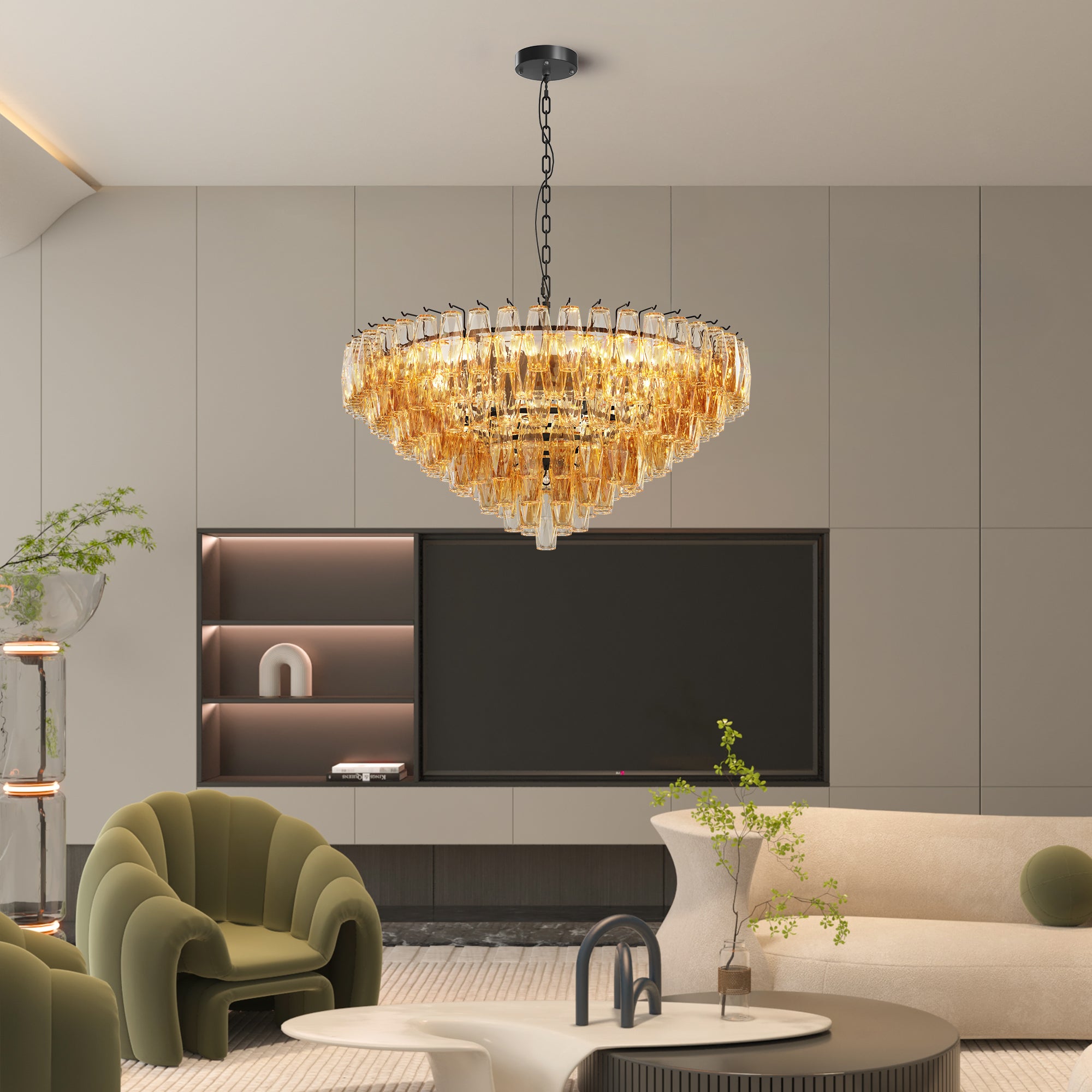 37" Extra Large Chandelier, 14-Light Gold Modern Round Chandelier for Living Room, Tiered Smoke Blown Glass Brass Chandeliers, Hanging Light Fixture for Bedroom, Dining Room, Foyer, Entryway