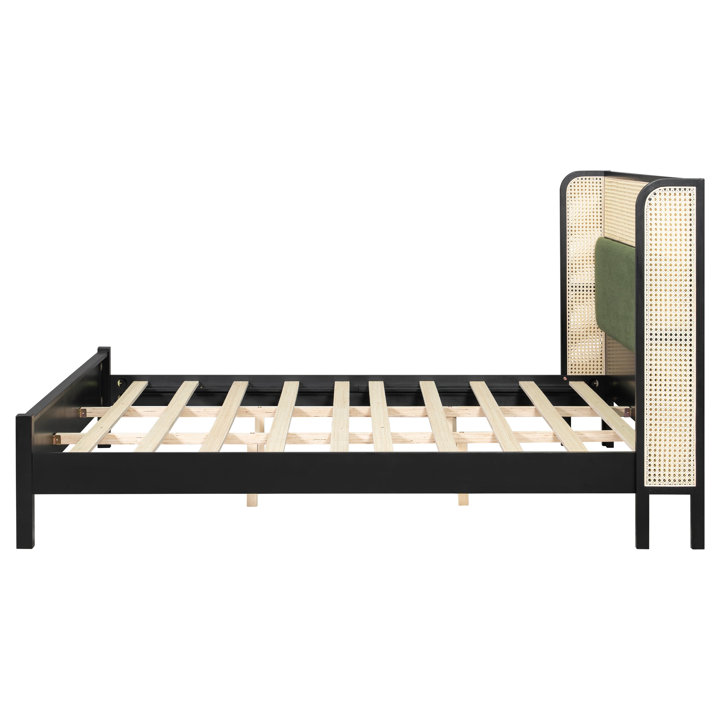 Queen Size Bed Frame with Green Headboard, Black with Green Solid Wood  Bed, No Box Spring Required, Modern Bedroom Furniture