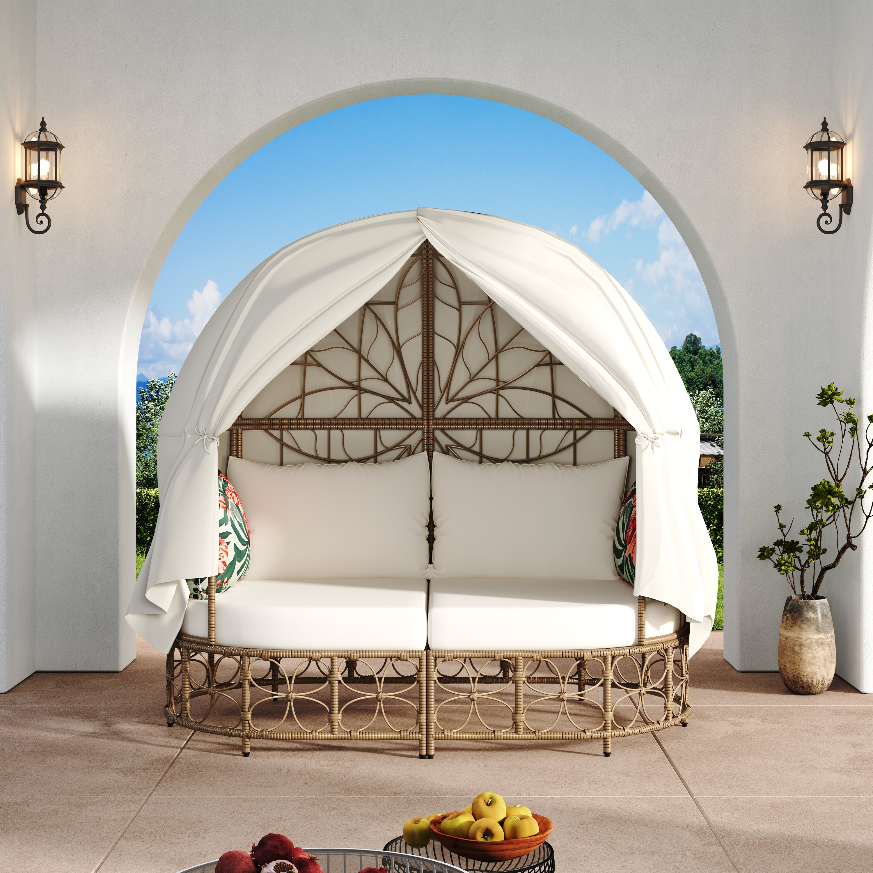 Outdoor Daybed with Curtain and Floral Pattern