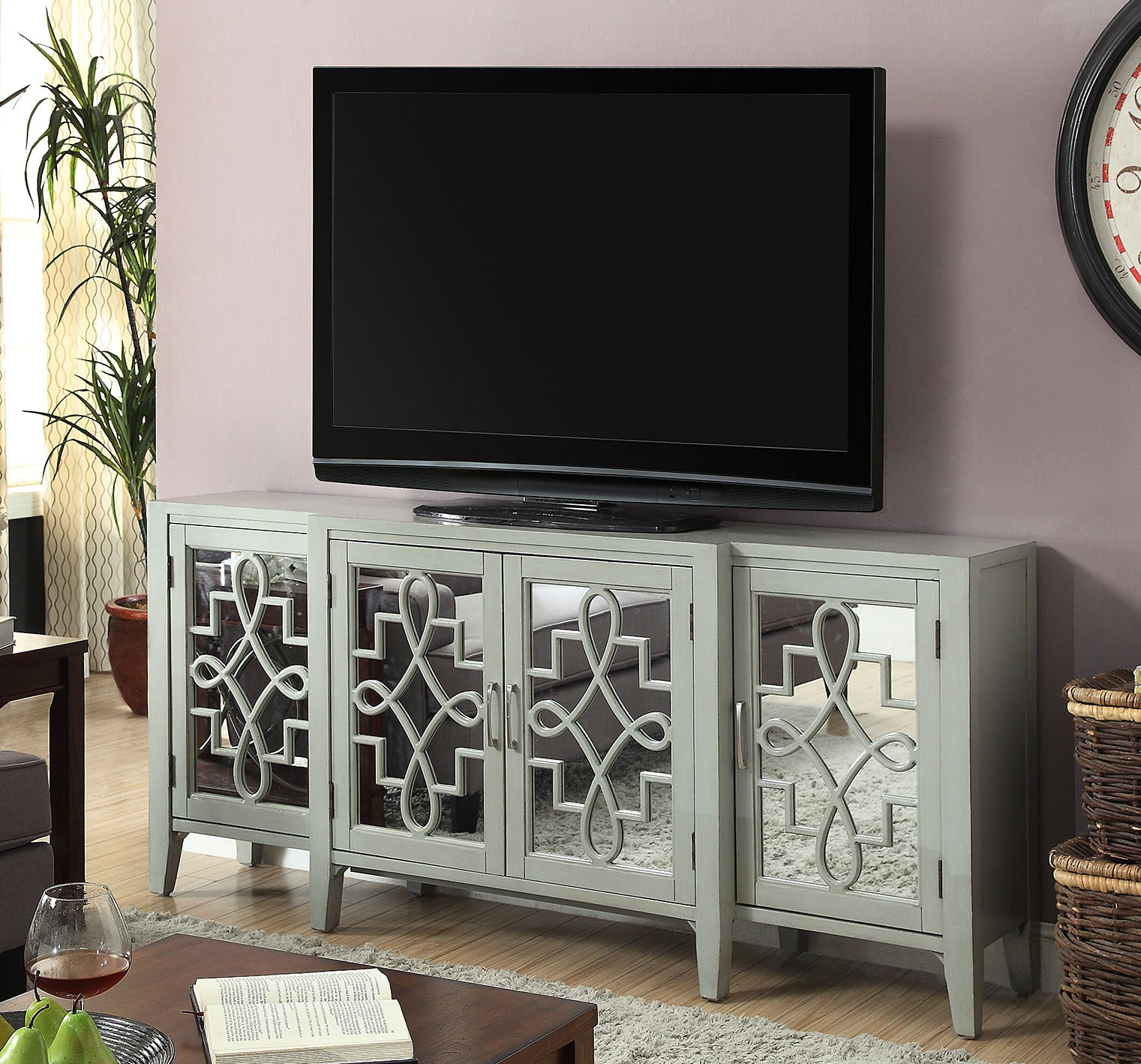 Kacia Antique Finish Console Cabinet with Mirrored Door