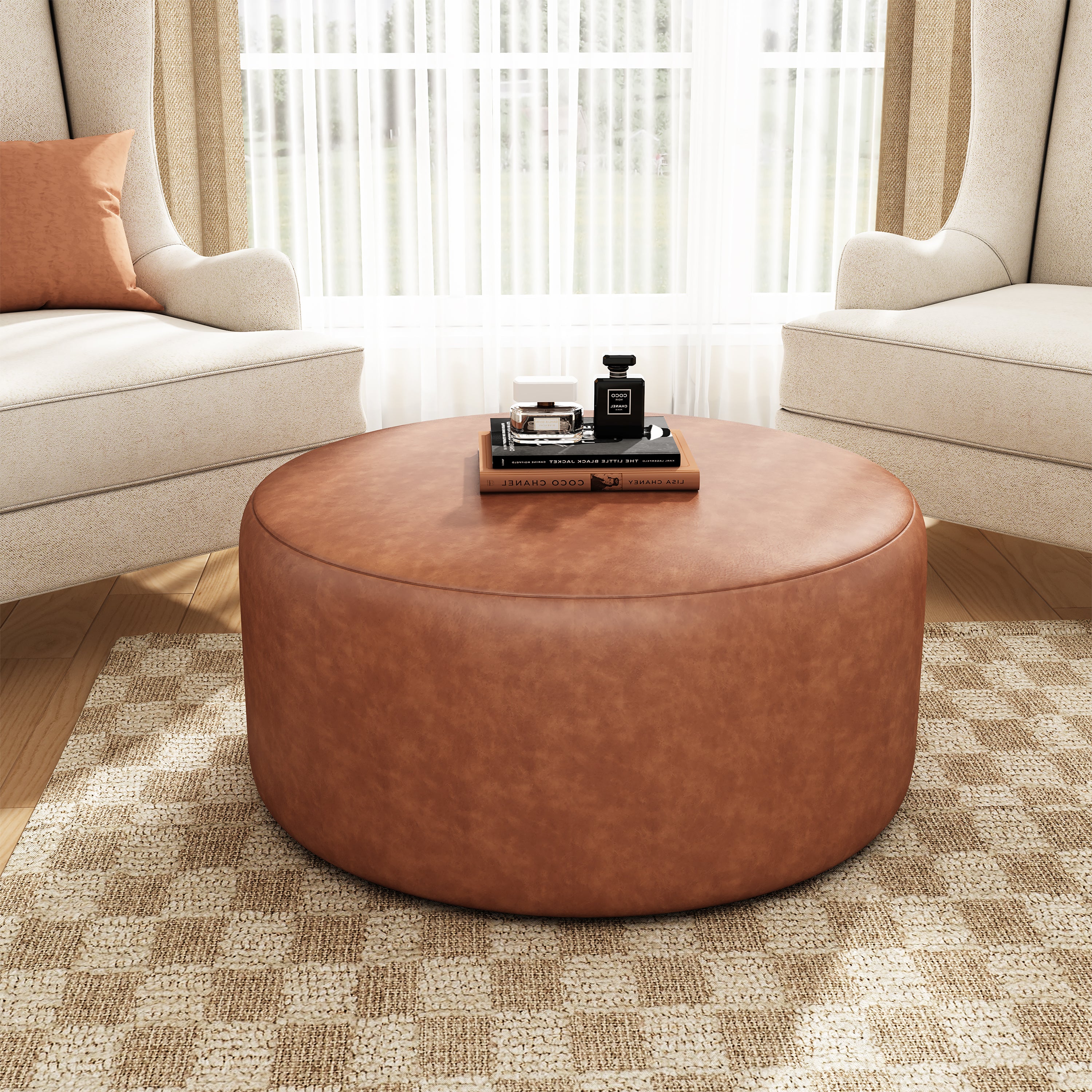 Upholstered Round Vegan Leather Ottoman