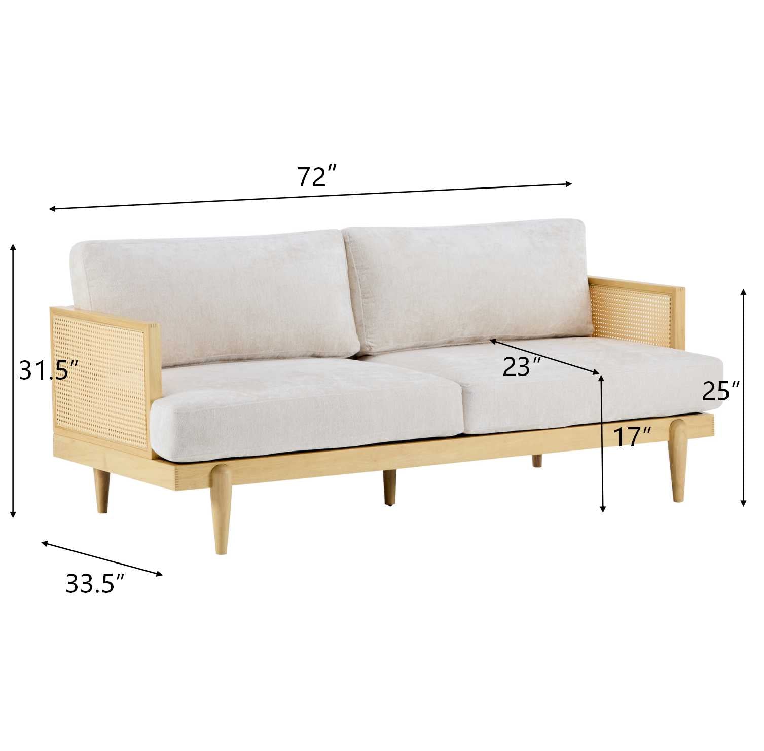 3-Seater Sofa with Cane Rattan and Wooden Frame
