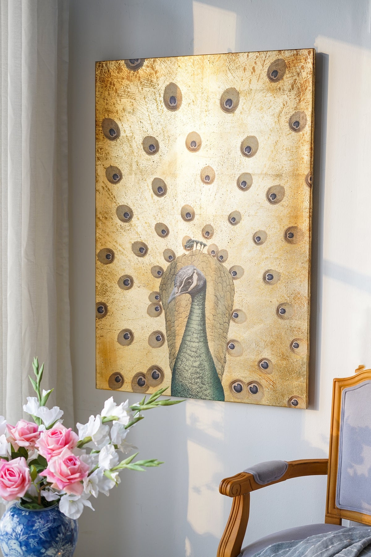 Hand-Painted Peacock Wall Art with Textured Gold Background, 30.7" x 46.5"