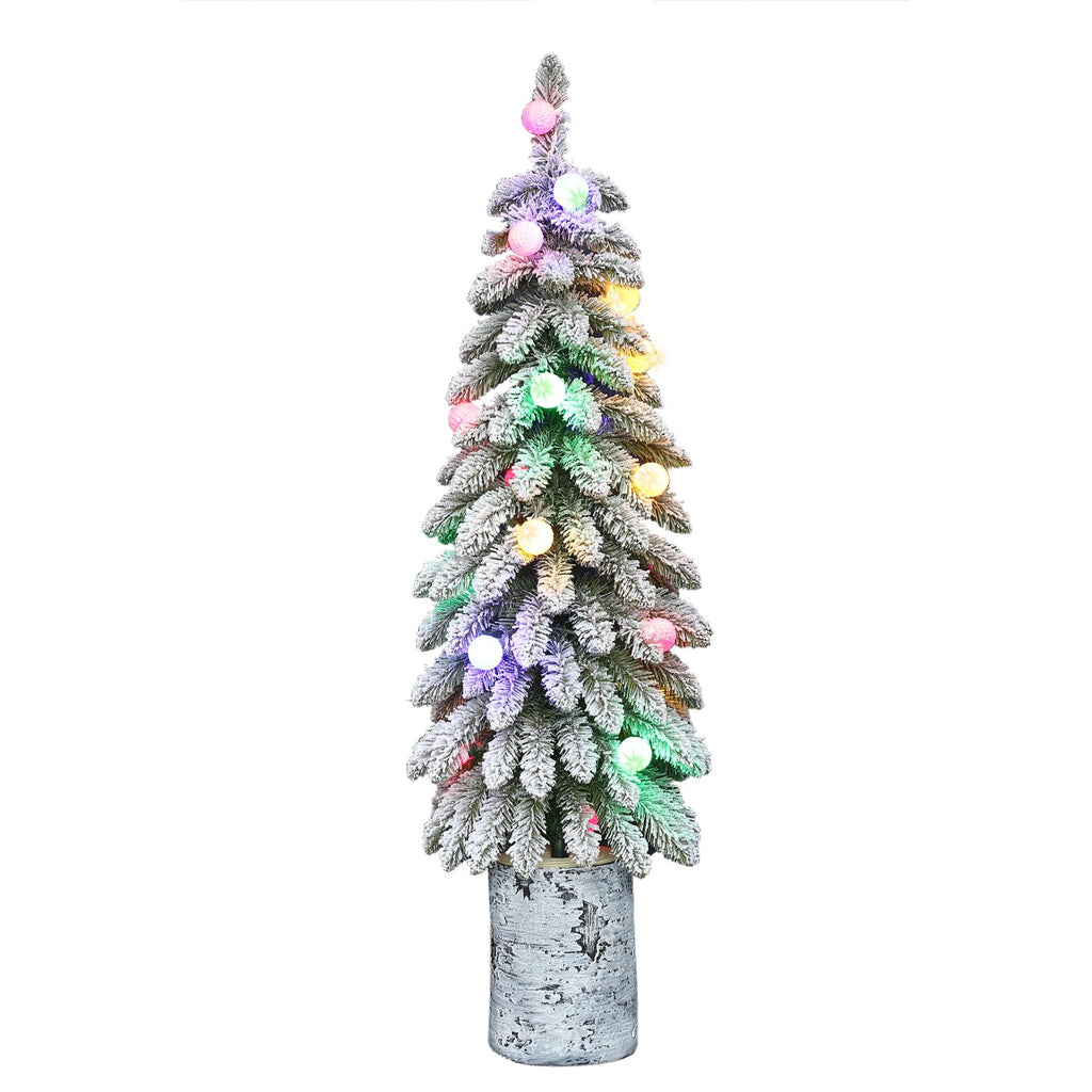 Pre-lit 4 ft Potted Flocked Alpine Artificial Christmas Tree with Dual-Color LED Lights