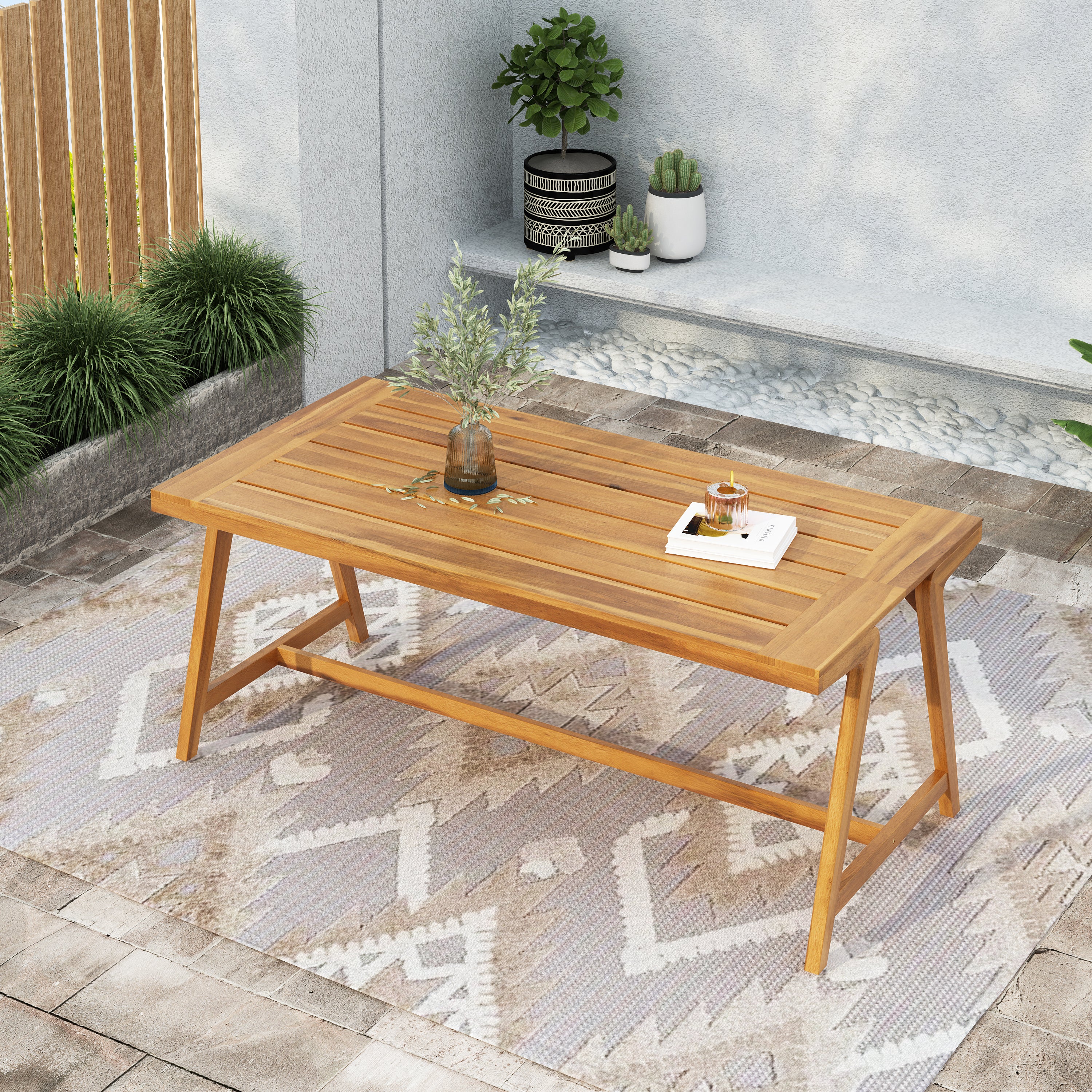 Modern Acacia Wood Outdoor Dining Table with Teak Finish