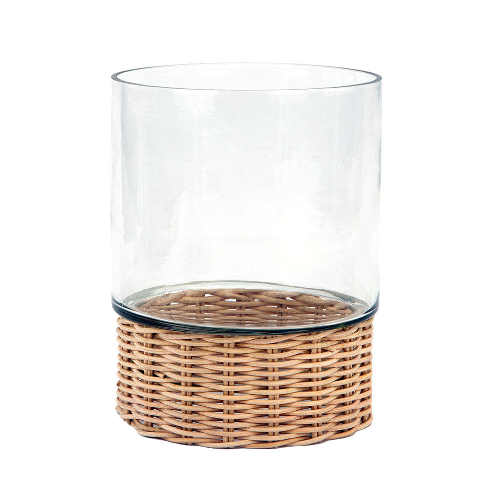 Handcrafted Clear Glass and Rattan Candleholder, 13 in