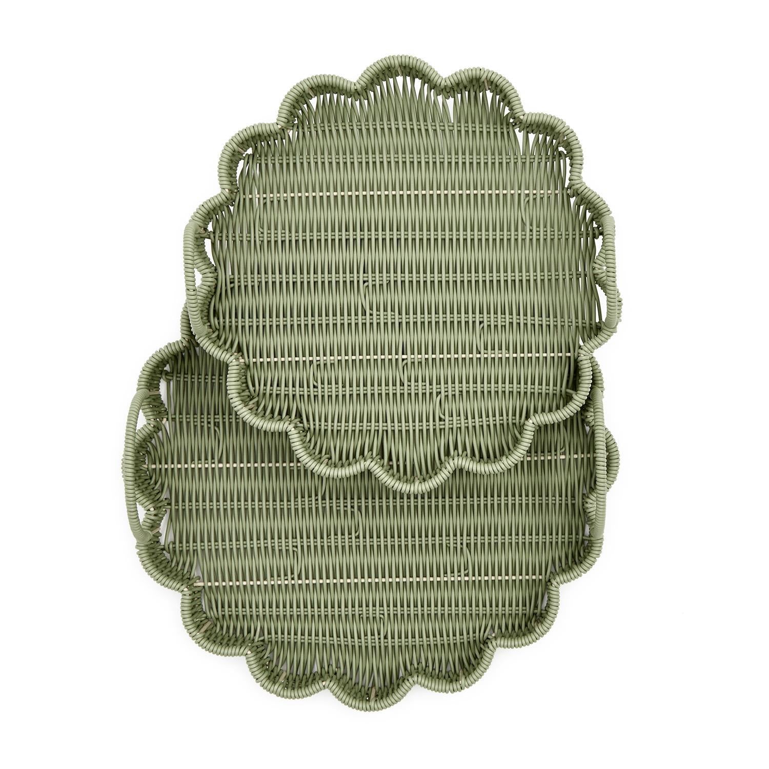 All Weather Wicker Scalloped Edge Green Round Serving Tray, Set of 2