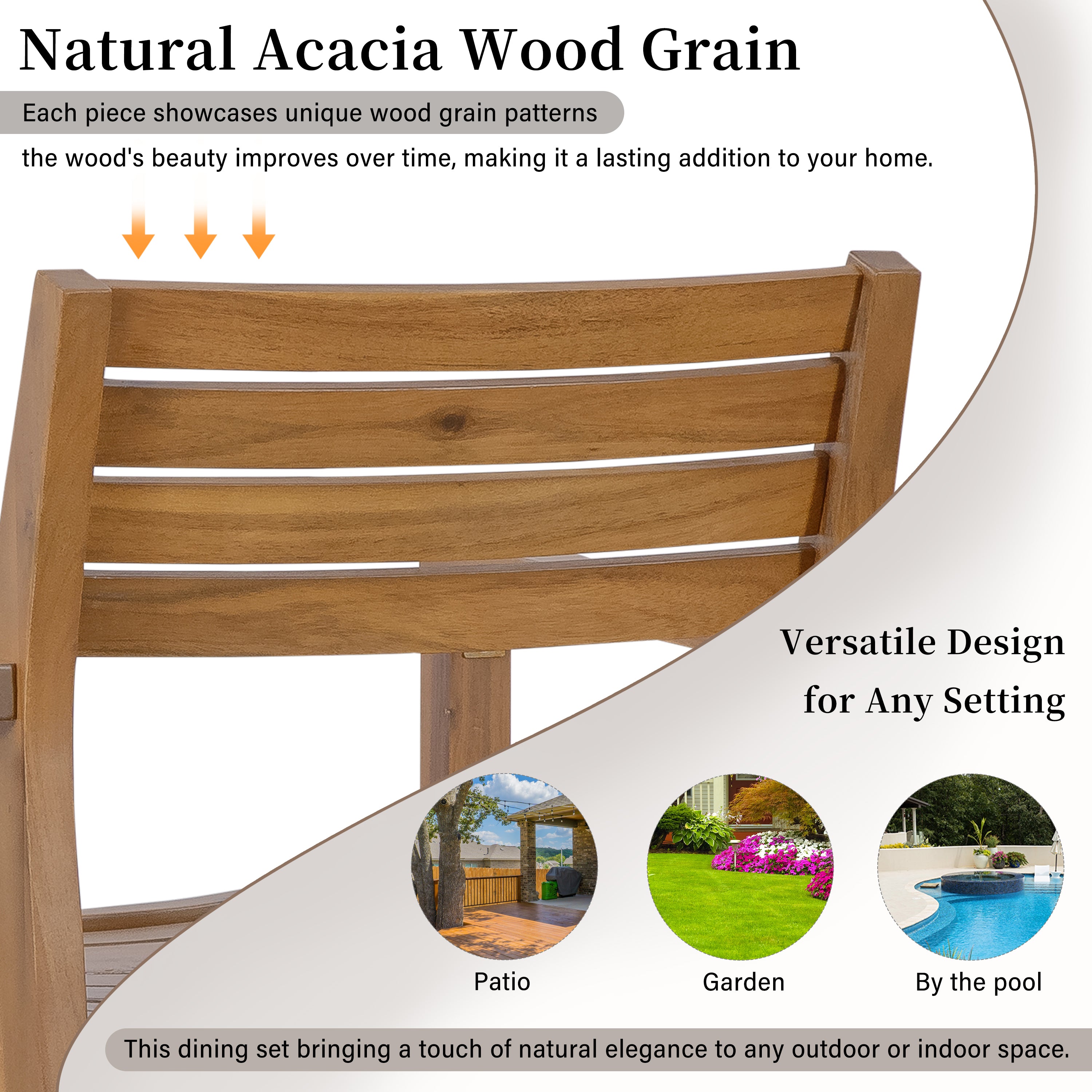5-Piece Outdoor Dining Set with 4 Acacia Wood Chairs, 47.2" Round Dining Table with Slatted Design