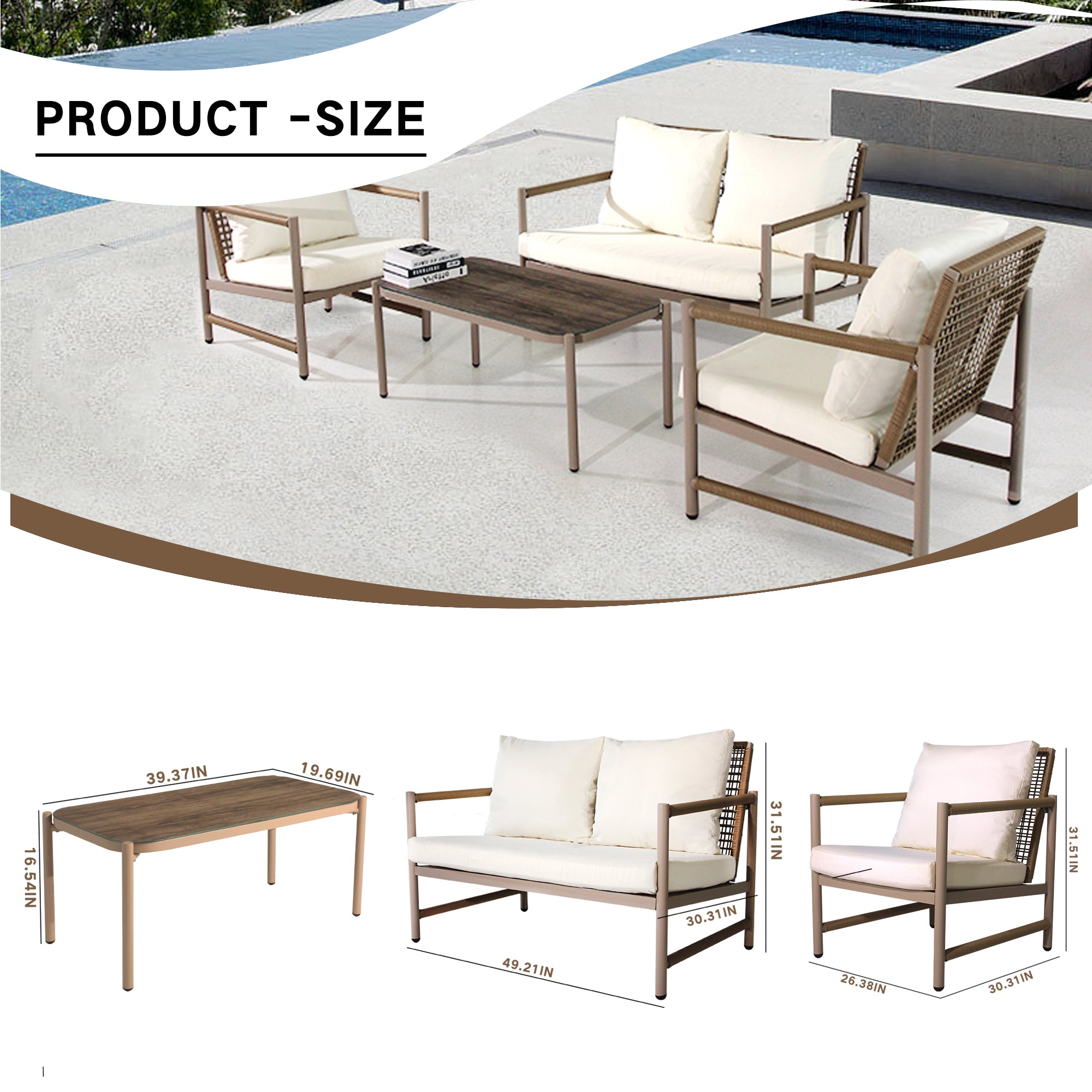 4-Piece PE Rattan Patio Set with Glass Tabletop, Loveseat and 2 Single Sofas