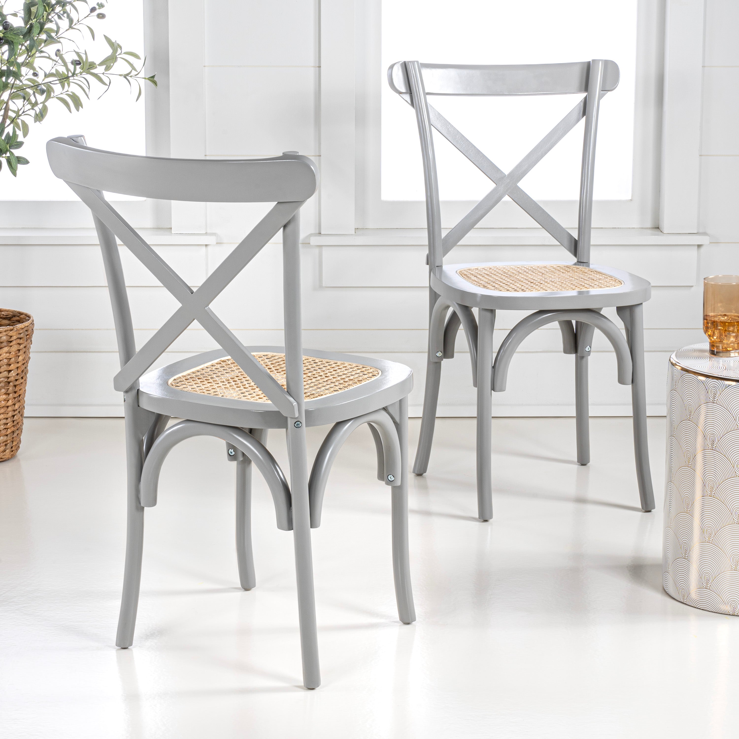 Cassis X-Back Wood Rattan Dining Chair, Set of 2