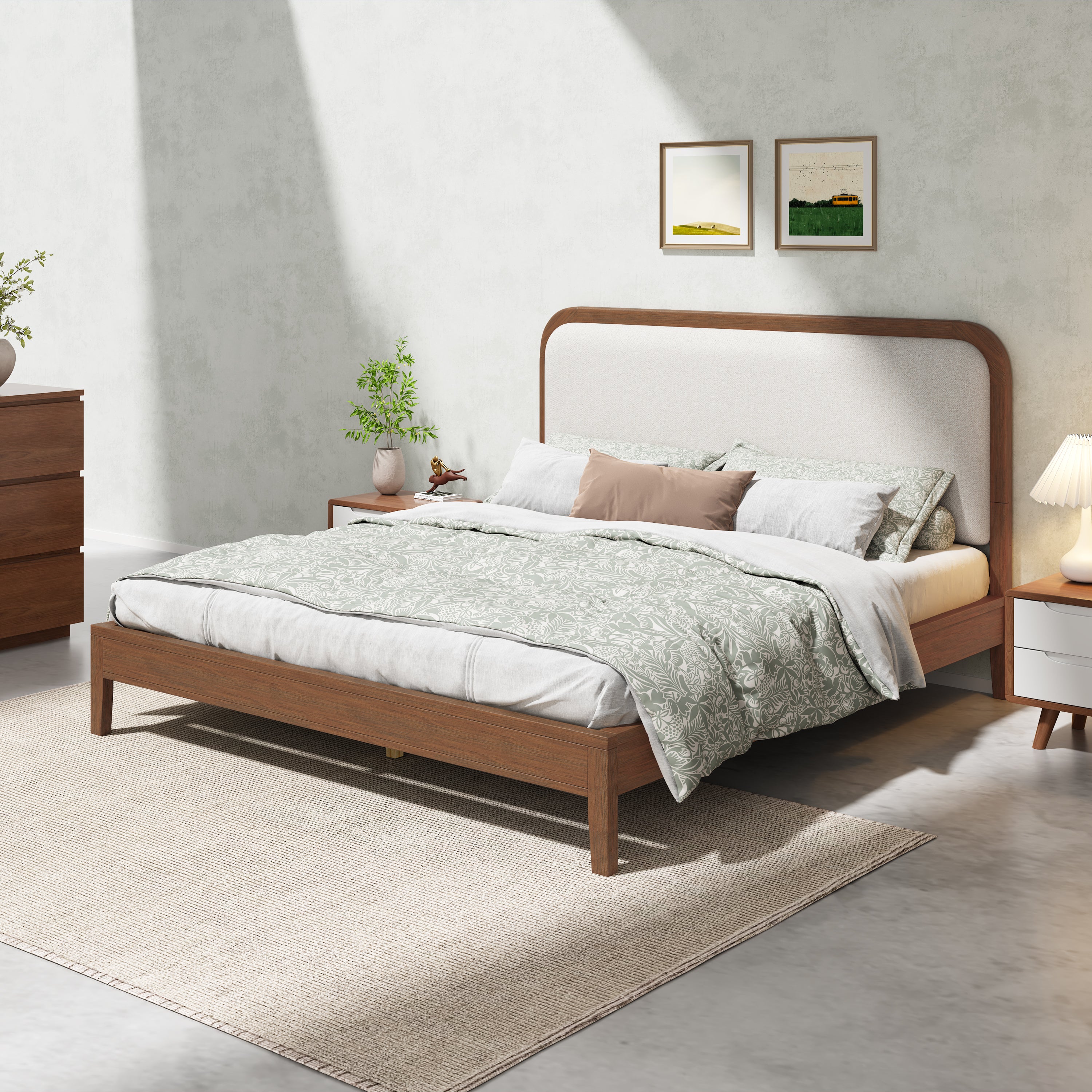 Acacia Wood Bed Frame With Beige Upholstered Headboard