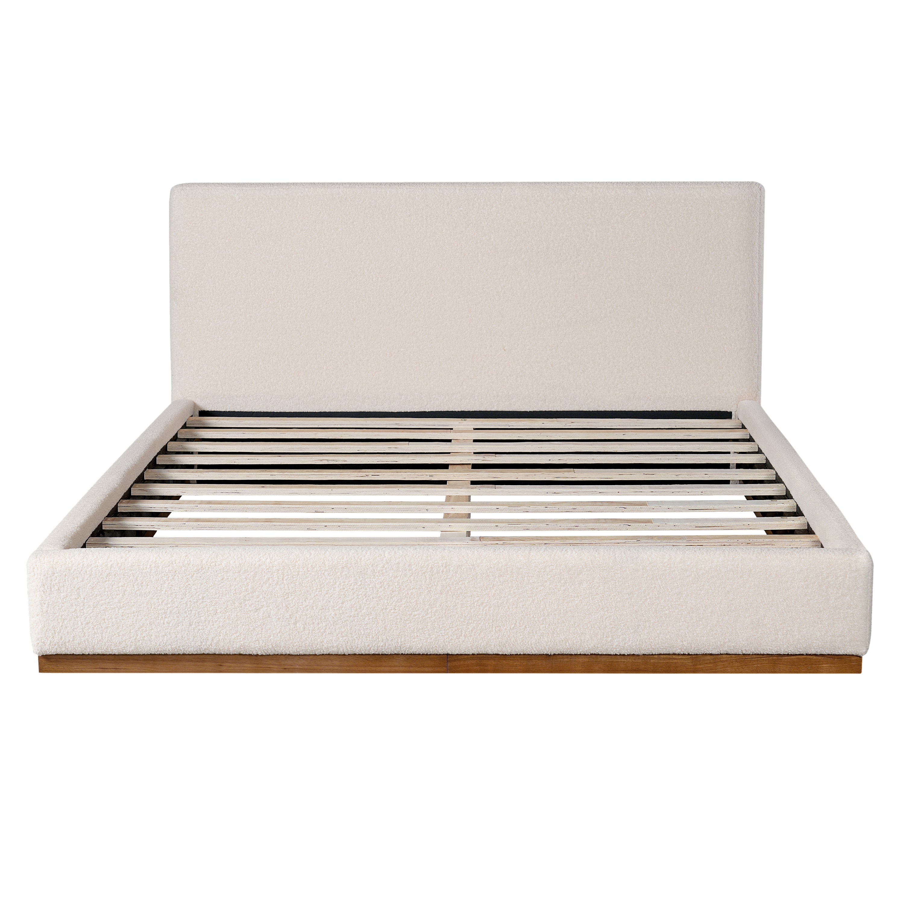 Elegant White Fabric Upholstered Bed With Nice Wood Grain Textured Solid Wood Base Frame