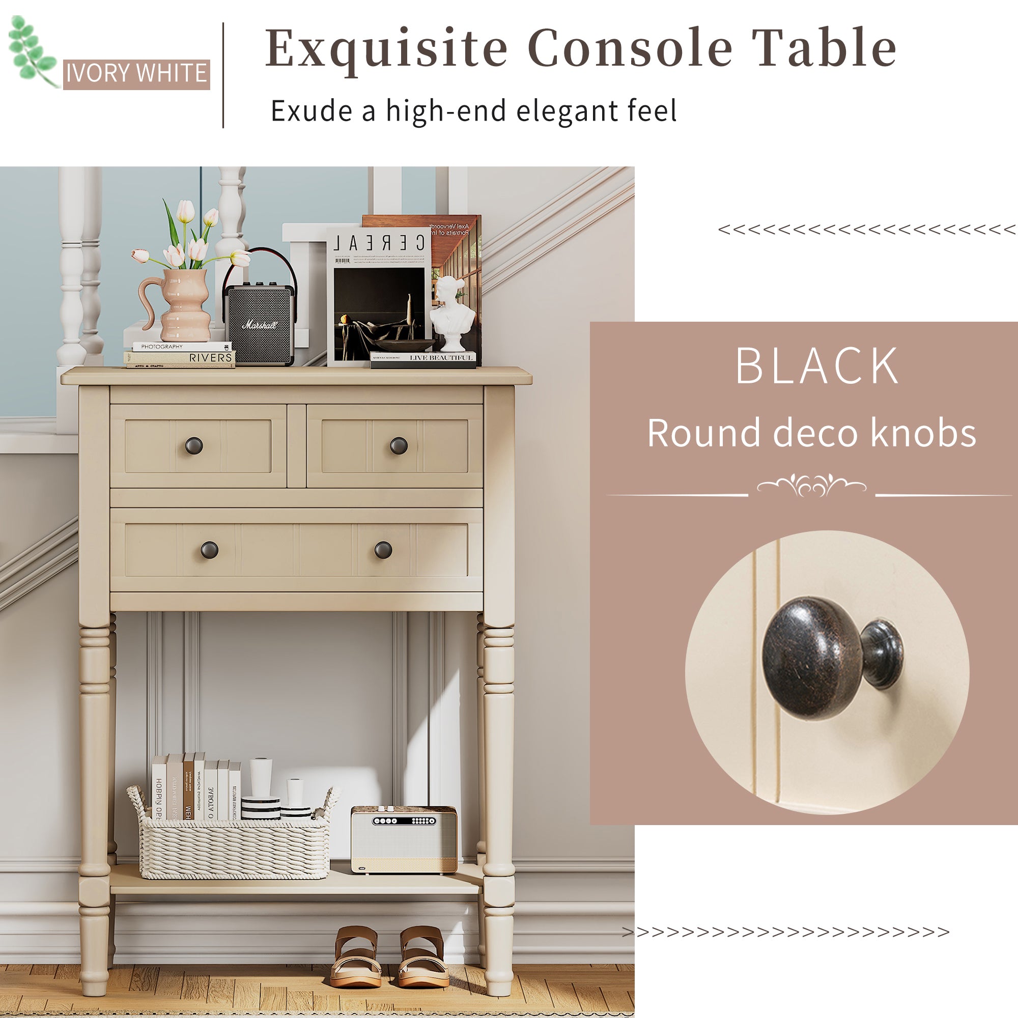Conquest Narrow Console Table with 3 Drawers and Bottom Shelf