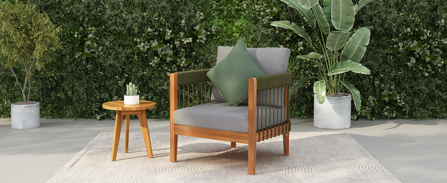 Azari Outdoor Acacia Wood Club Chair with Handwoven Rope Accents & Curved Backrest