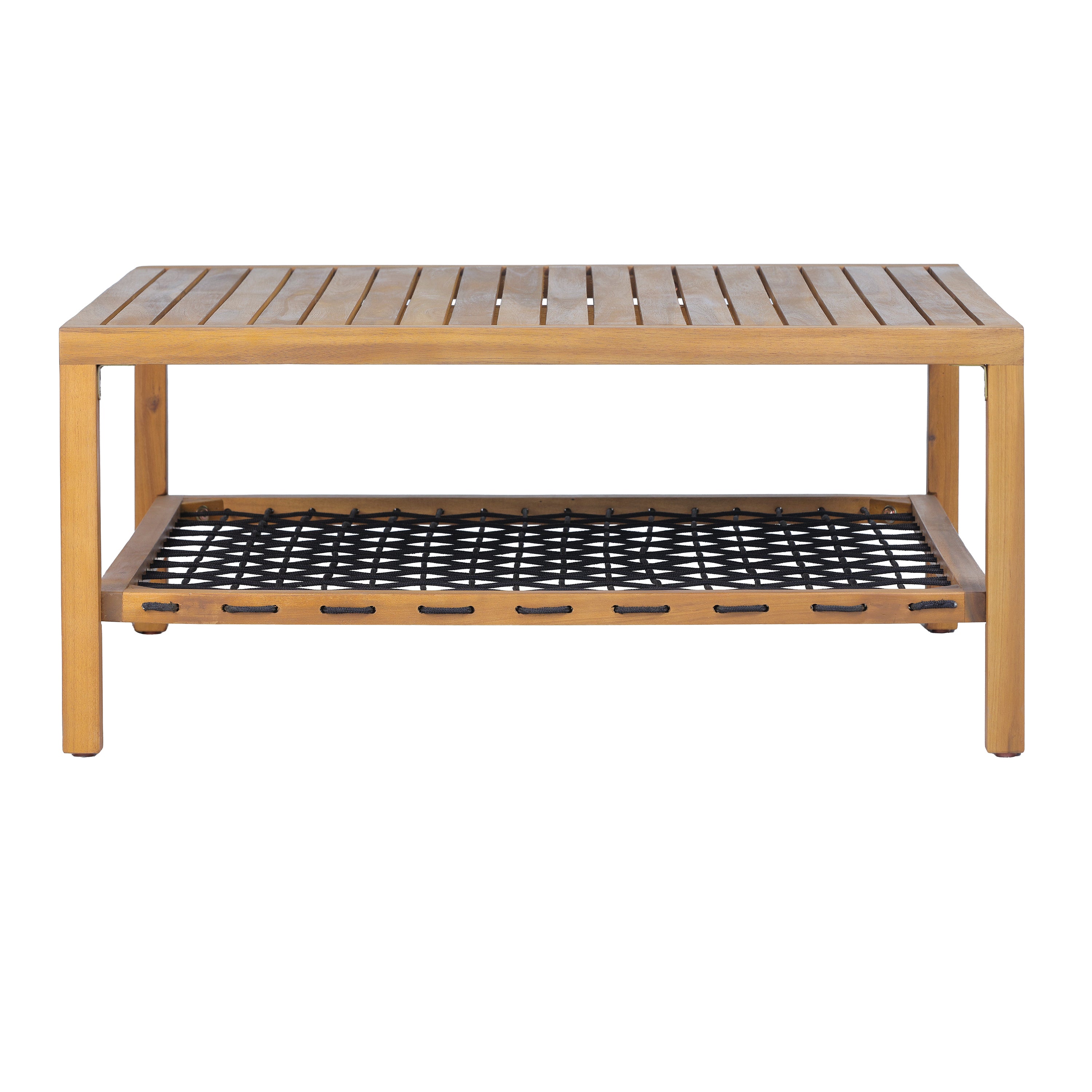 Sierra Outdoor Acacia Wood Coffee Table with Woven Rope Storage Shelf