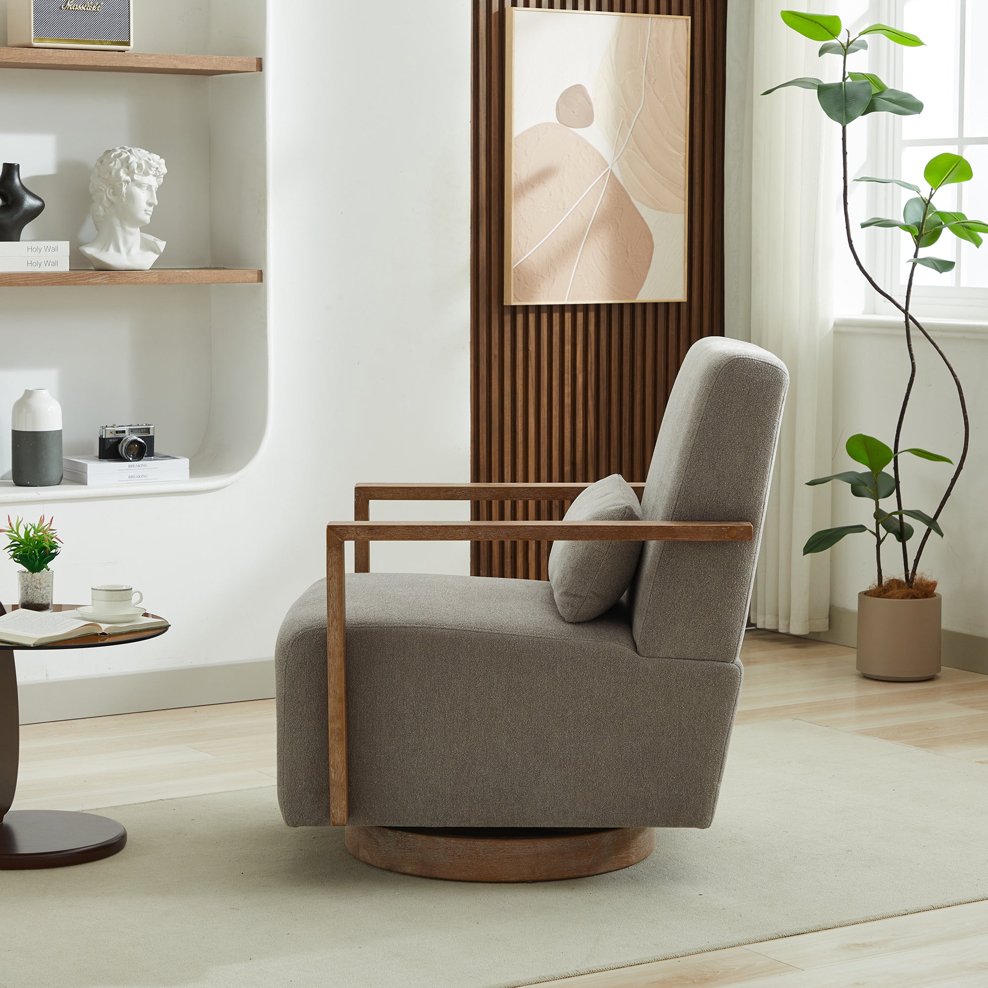Swivel Modern Upholstered Accent Chair with Solid Wood Armrests