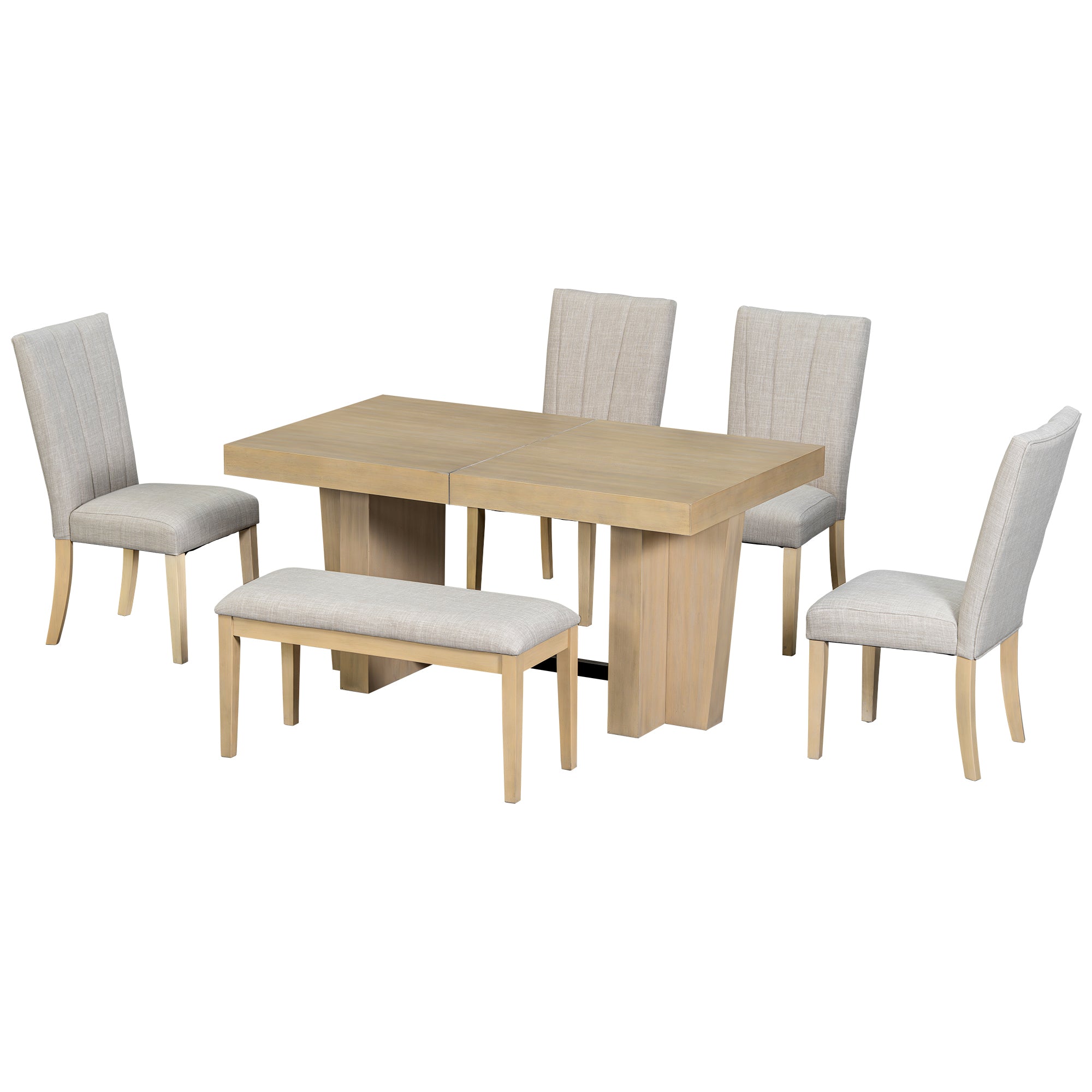 Meadowlark Farmhouse Extendable Wood Dining Table with 4 Upholstered Chairs & Bench