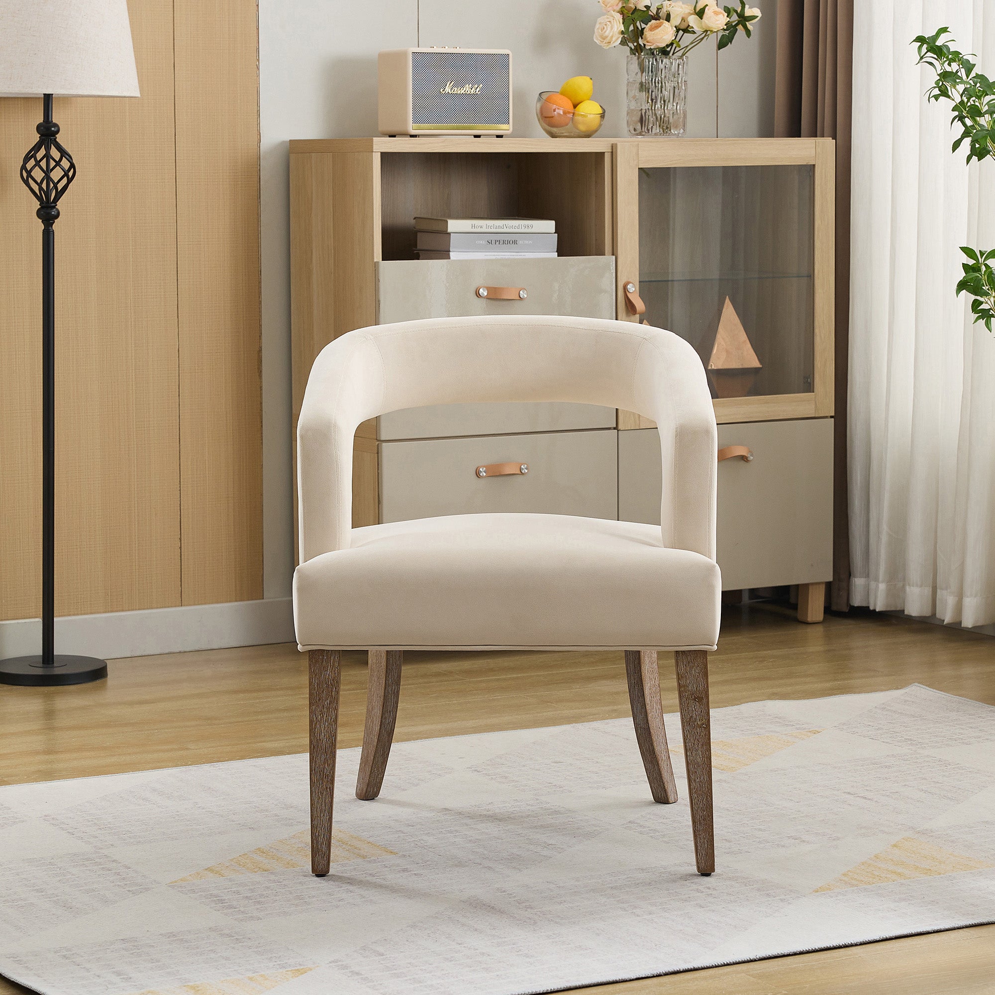 Open-Back Barrel Accent Chair with Velvet Upholstery and Weathered Solid Wood Legs