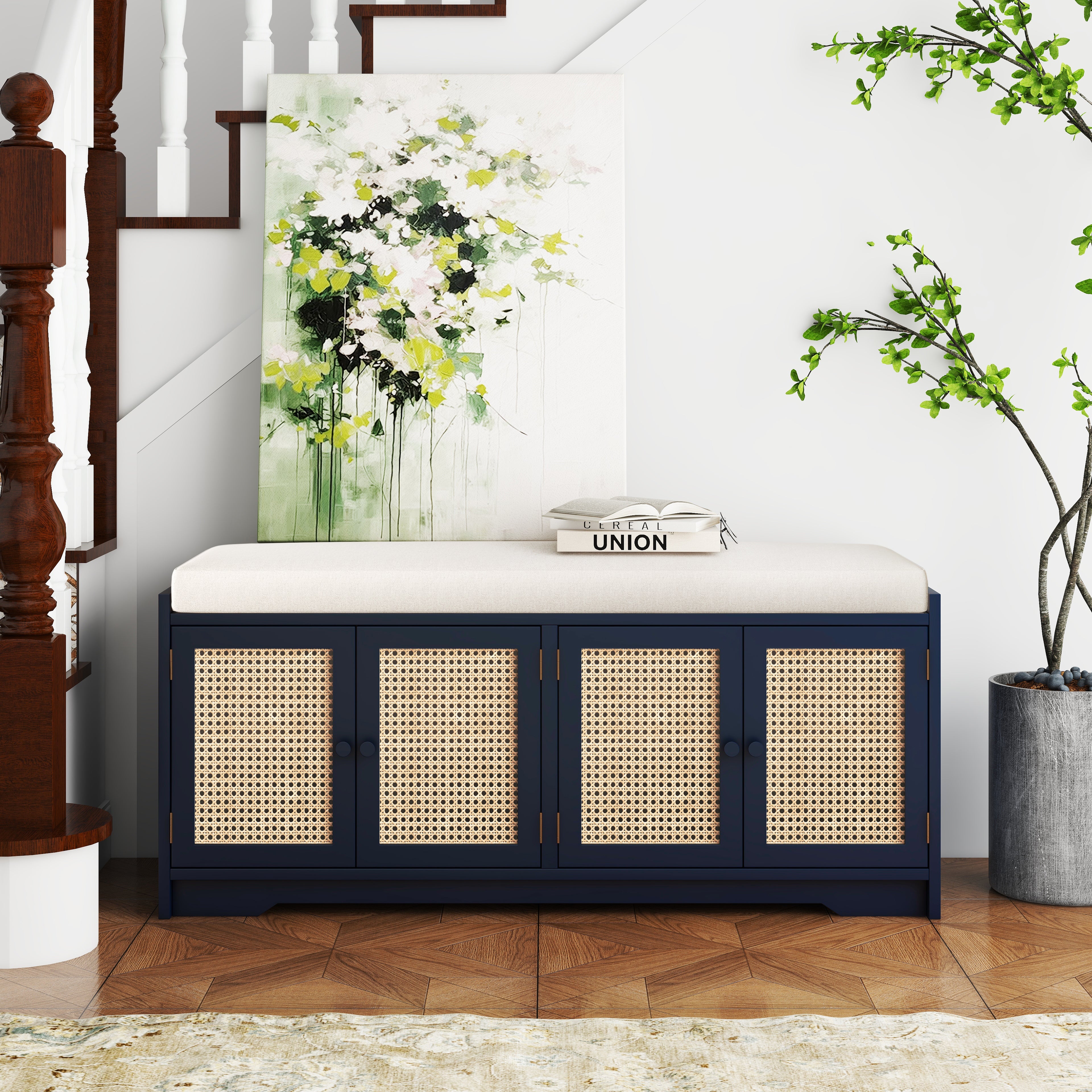 Upholstered Bench with Storage Cabinet and 4 Rattan Doors