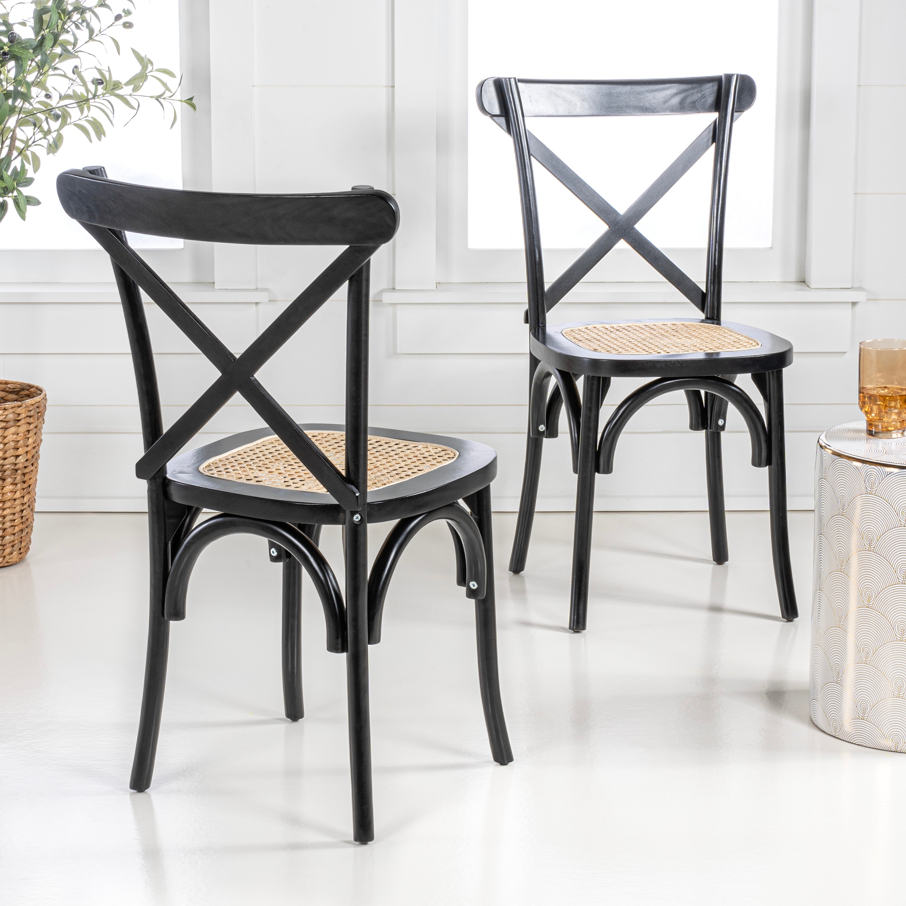 Cassis X-Back Wood Rattan Dining Chair, Set of 2