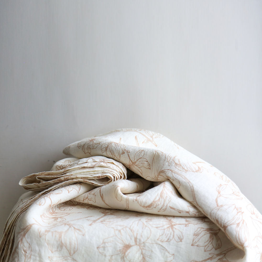Handcrafted Linen Lilies Tablecloth in Blush, 70 x 108 in