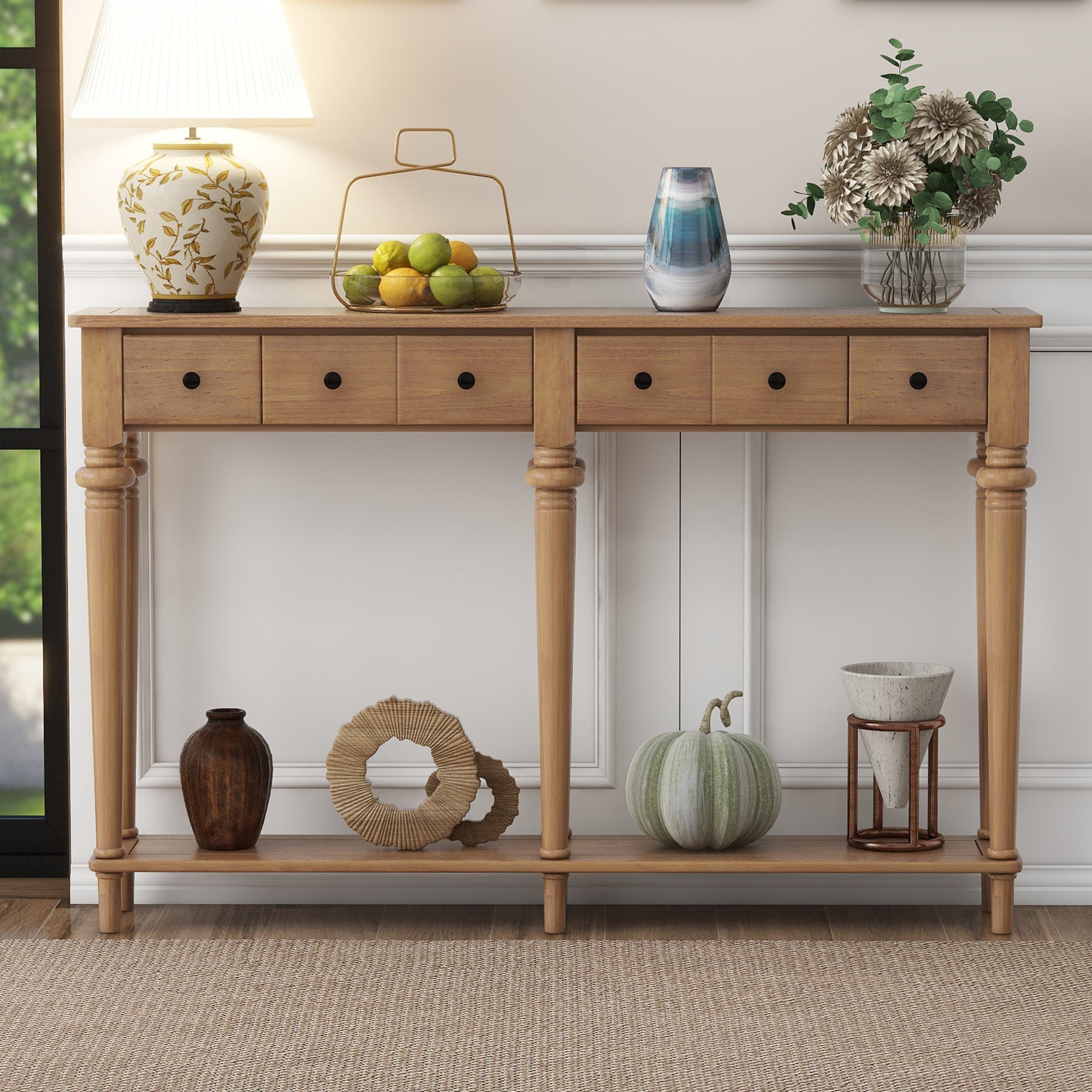 Console Table with 4 Drawers and Open Shelf