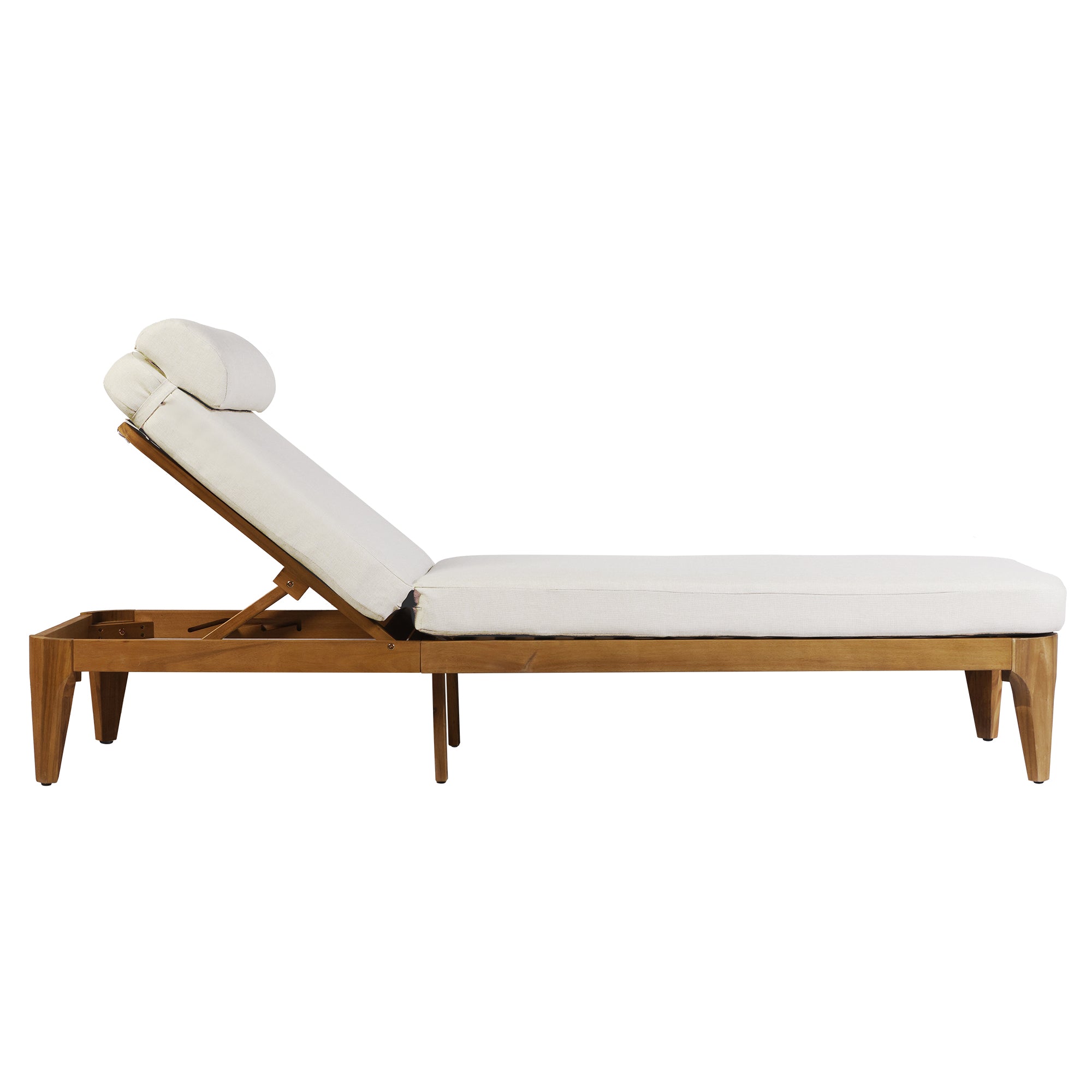 Outdoor Acacia Wood Sun Lounge Chair, Patio Recliner with Adjustable Backrest and Head Pillow