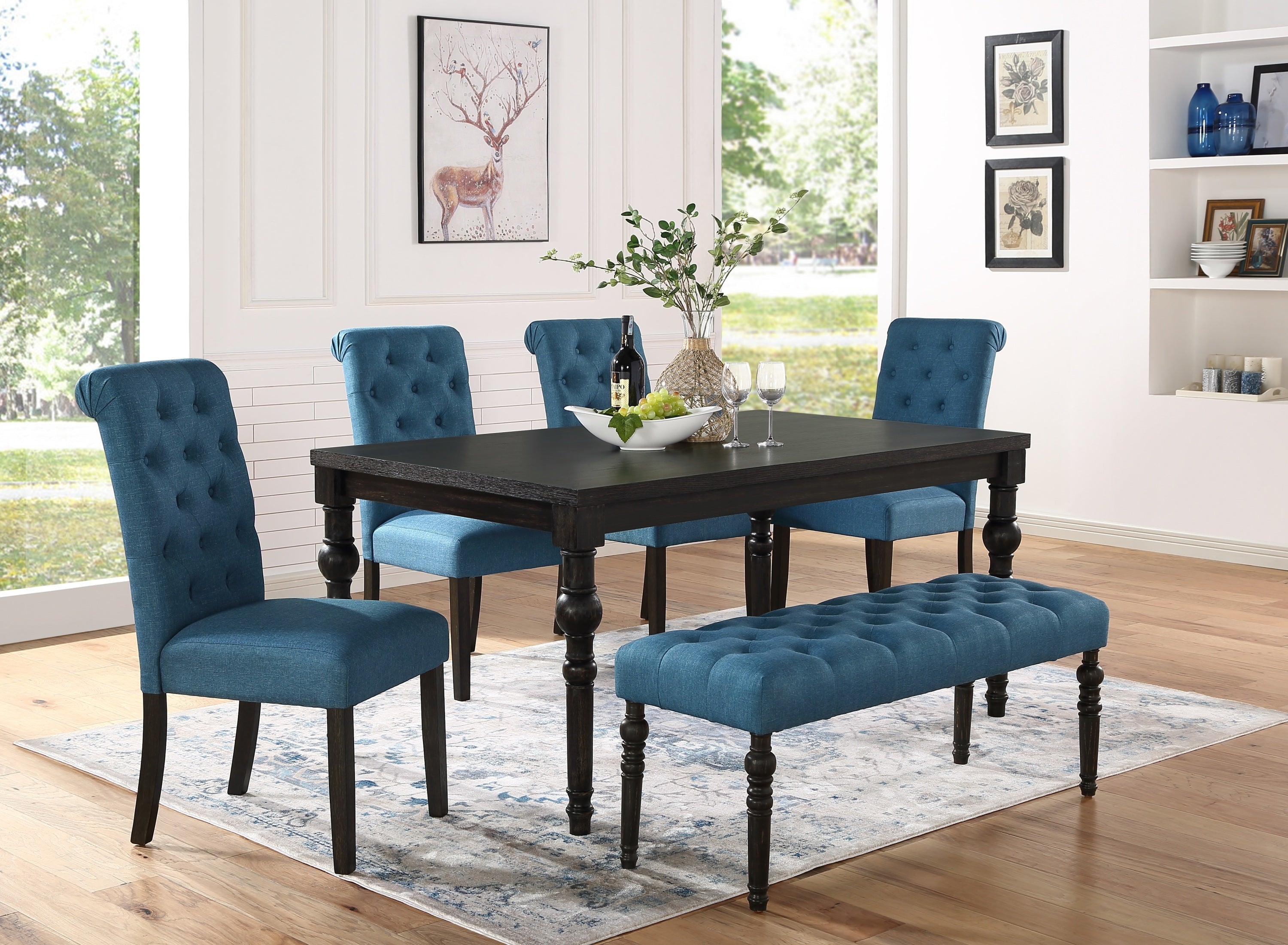 Levi Turned-Leg Dining Set with Table, 4 Chairs and Bench