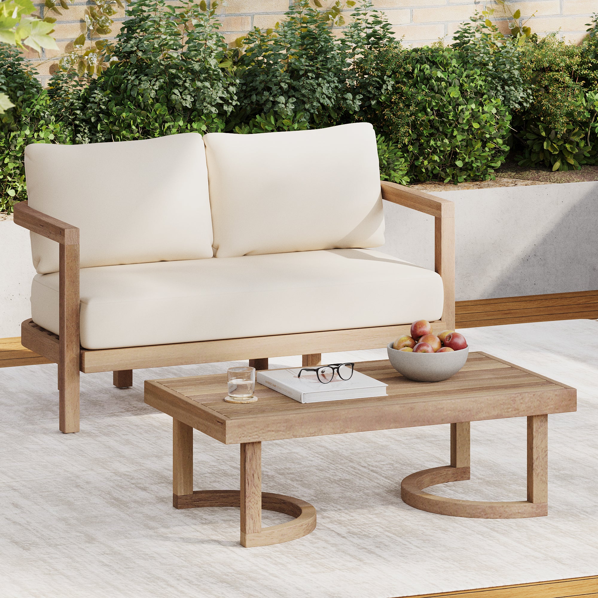 2-Piece Patio Set with Open Back Loveseat and Wooden Coffee Table