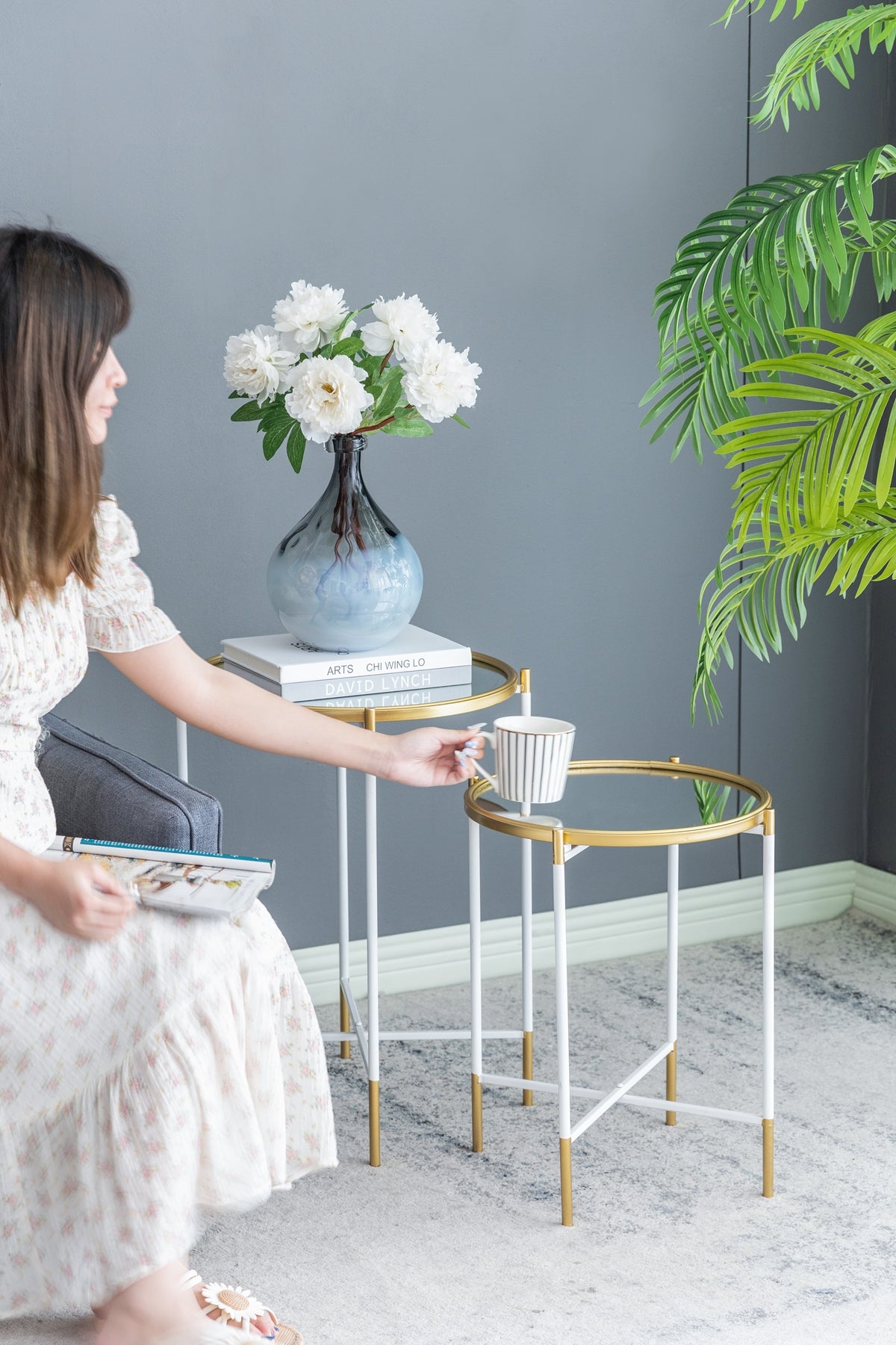 Set of 2 Mirrored Top Side Tables - Gold and White