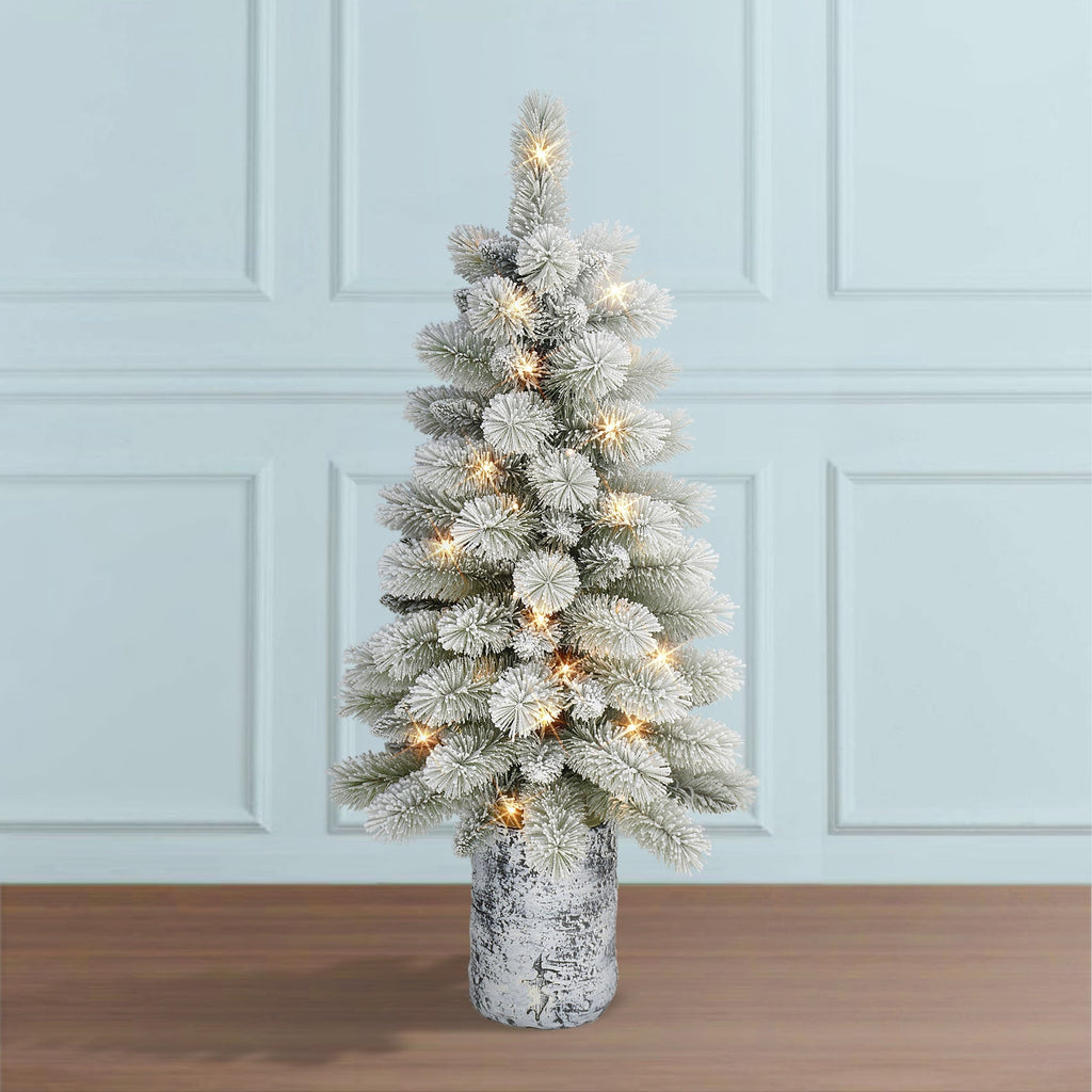 3.5 ft Potted Flocked Norwegian Pine Artificial Christmas Tree with Warm White LED Lights & On/Off Timer Function