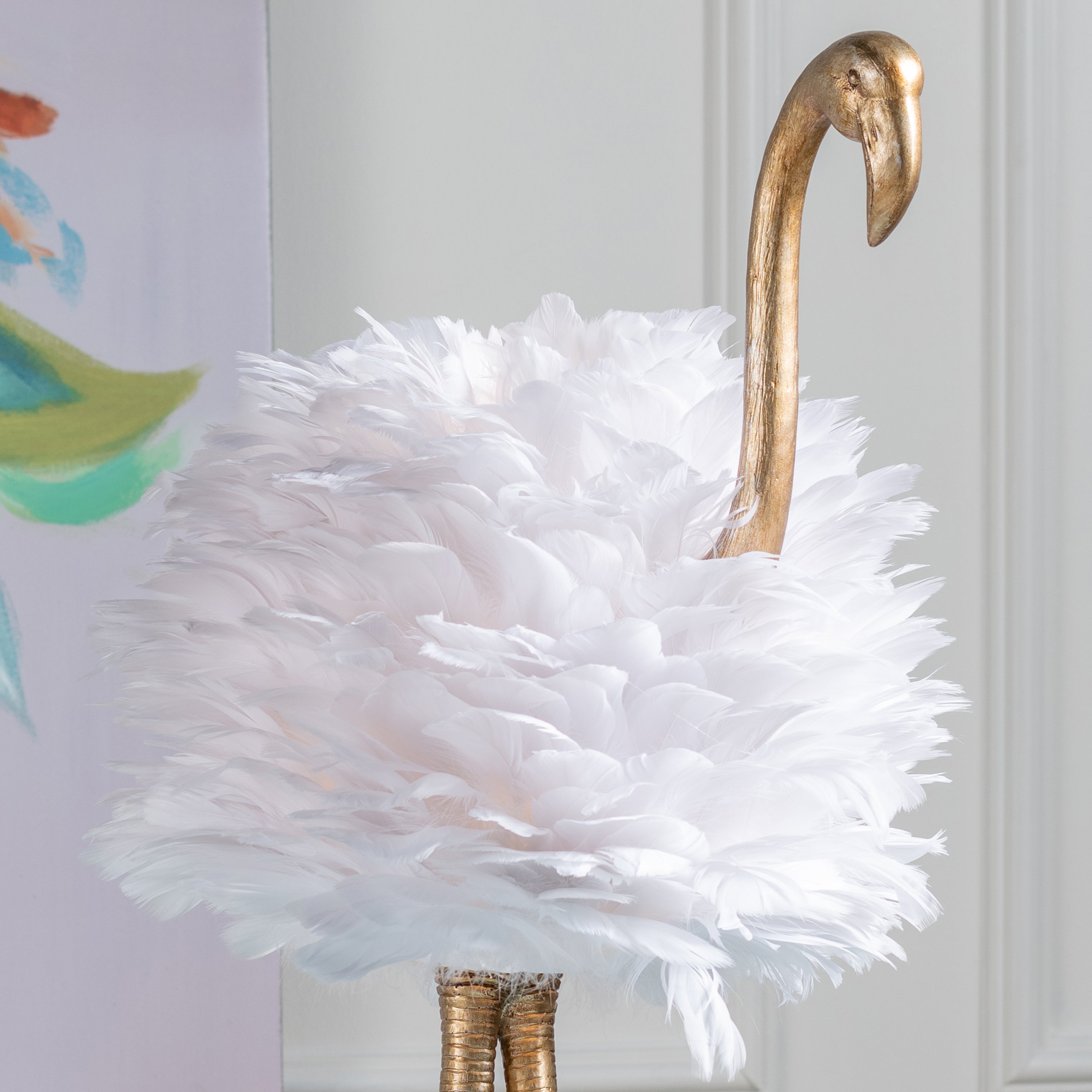 Polished Gold Flamingo Table Lamp With Feathered Shade
