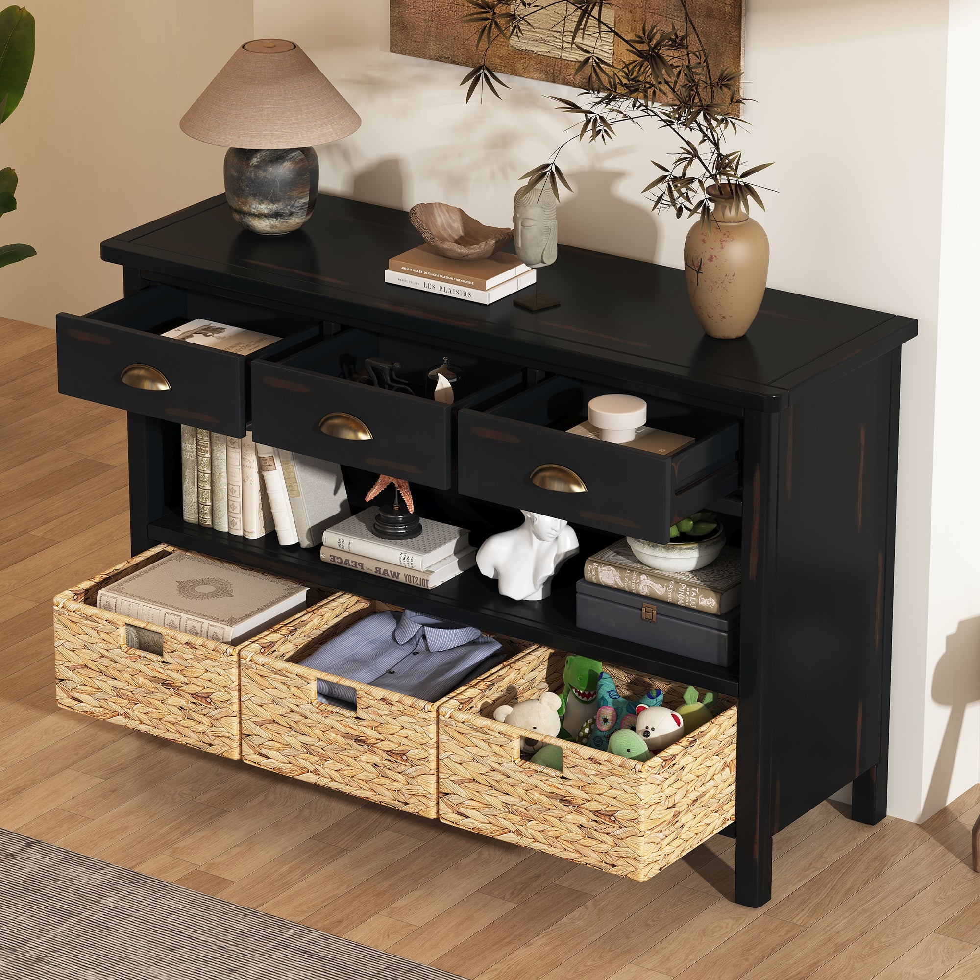 Coronate Console Table with Drawers and Water Hyacinth Woven Baskets