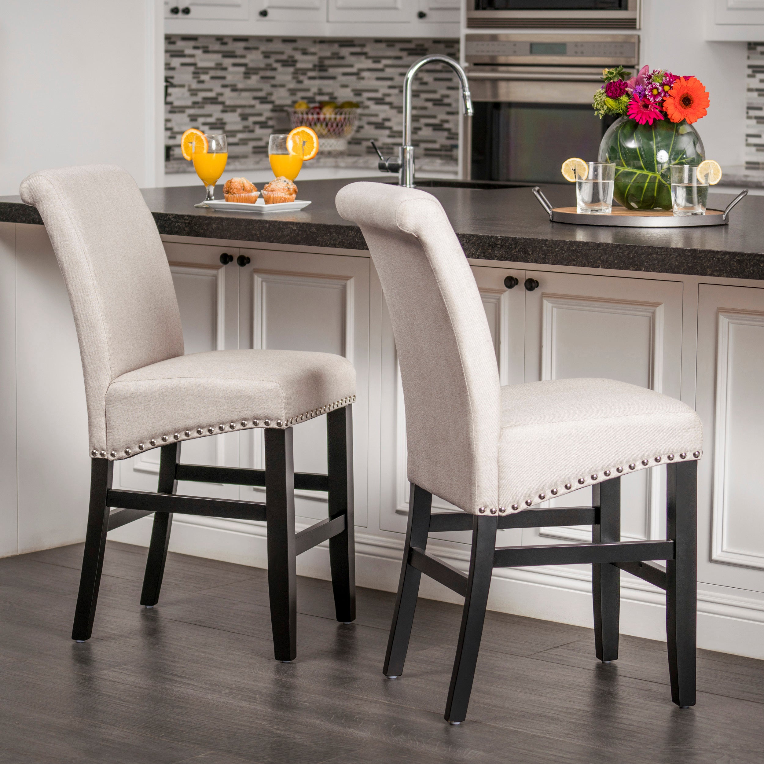 25" Contemporary Upholstered Counter Stools with Nailhead Trim, Set of 2