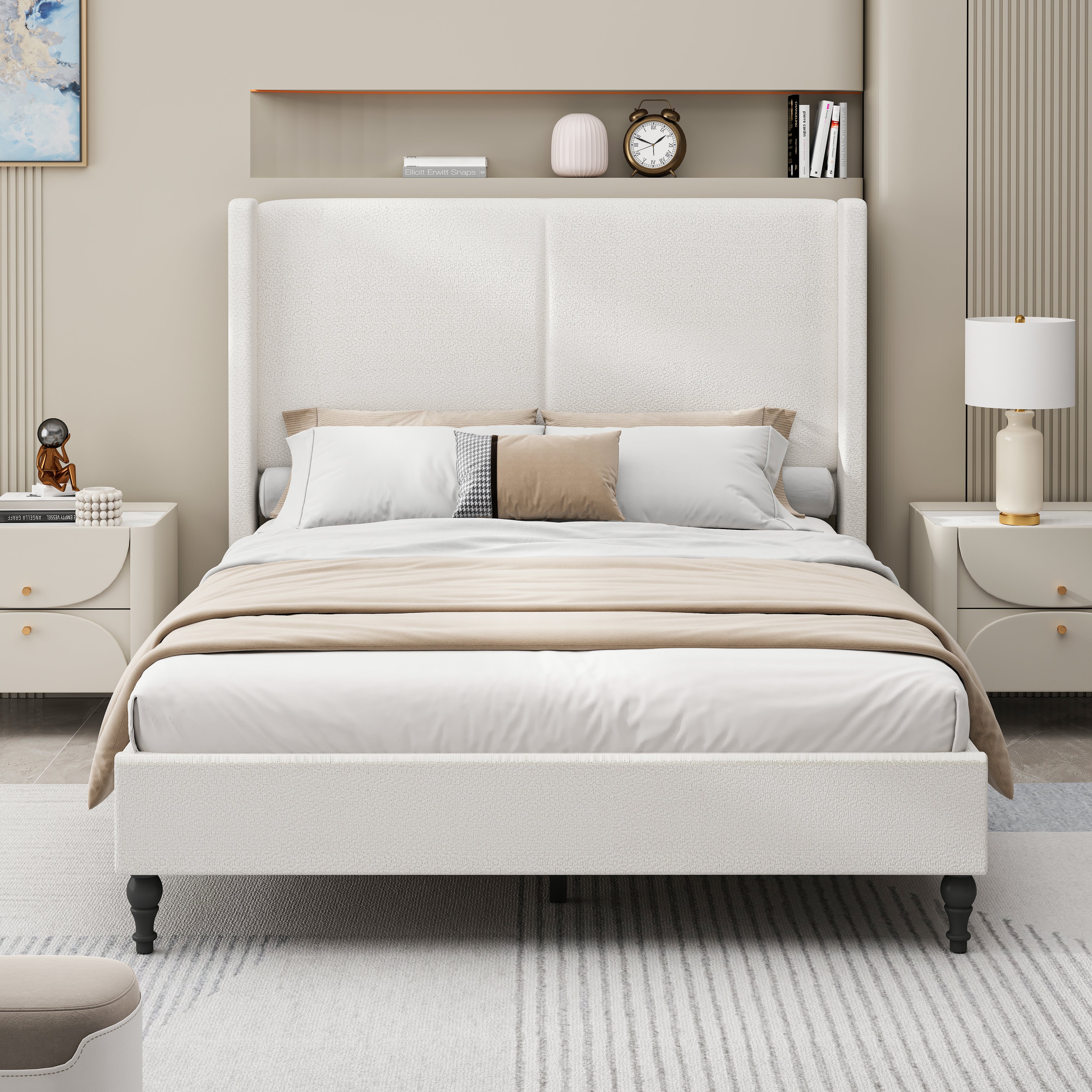 Bed Frame with 55.5"High Back Boucle Upholstered Headboard