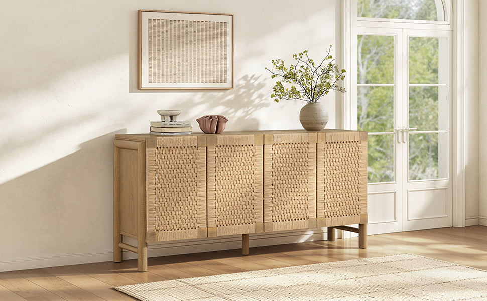 Natural Farmhouse Cabinet with Handwoven Paper Rope Doors, Solid Wood Legs and Natural Finish, for Hallway, Entryway or Living Room